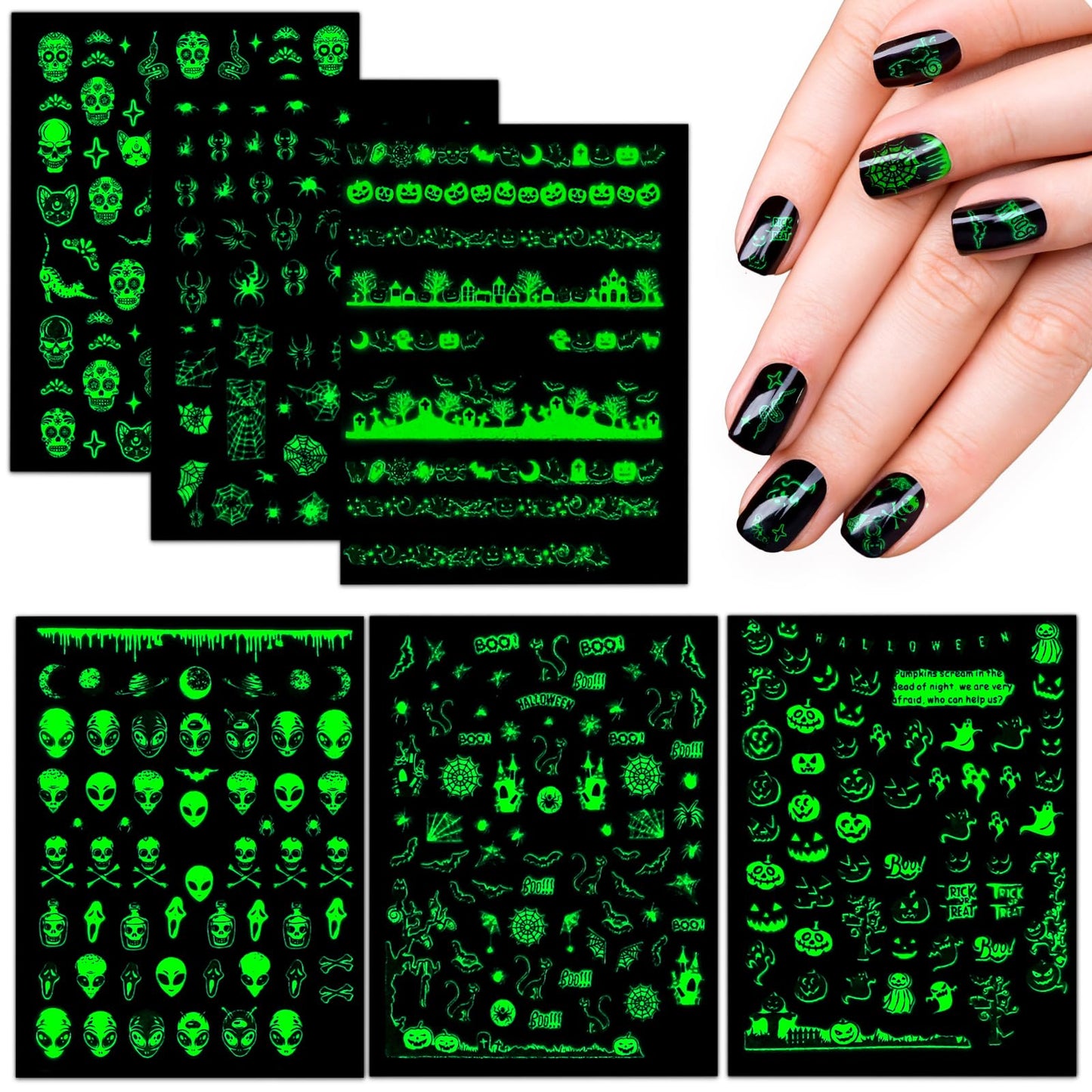 simarro 6 Sheets Halloween Nail Stickers, Glow in The Dark Nail Art Stickers, Fluorescent Scream Spider Web Pumpkin Skull Bat Ghost Witch Nail Supplies for Halloween Nail Design