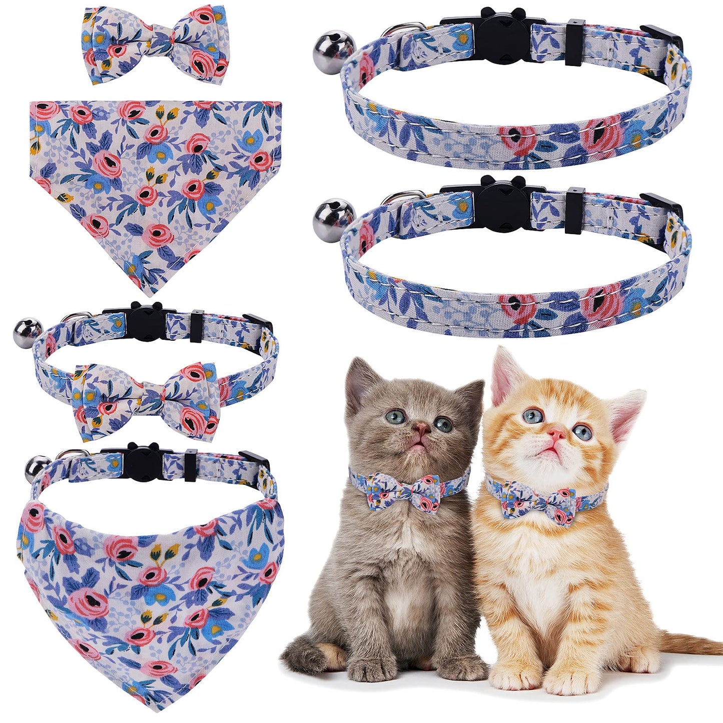 Molain 2 Pcs/Sets Cat Collars with Bells Removable Bow Tie Bandana 2 Pet Collars+1 Dog Bandana+1 Bow Kitten Collar Cat Bandana Dog Bowtie Adjustable Collar for Cats Dogs Puppy Pets Cat Accessories