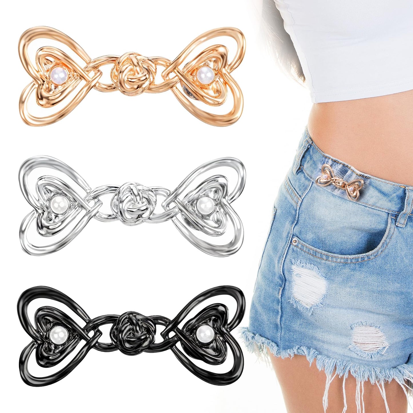 Yuanchu 9 Pairs of Jeans Waist Tightener, Heart Shape Trousers, Tighten, Clip with Pearl, Adjustable Trousers, Reducing Clip, Removable Waist Buckles, Jean Button Pins for Trousers, Jeans, Women's