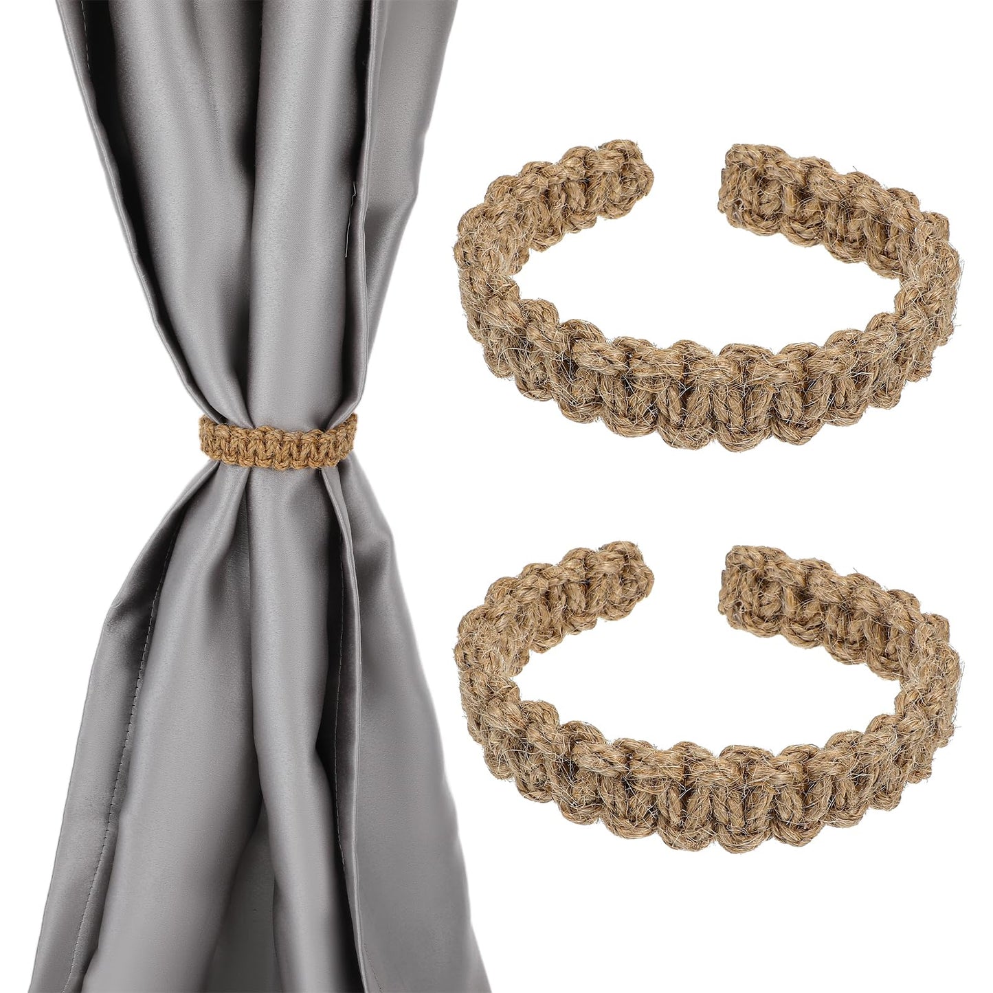 XLIUAX 2pcs Boho Curtain Tiebacks, Handmade Curtain Ties Braided Adjustable Curtain Rope Tiebacks Rustic Style Holdbacks for Light Sheer Curtains Home Office Outdoor Decorative(Brown)
