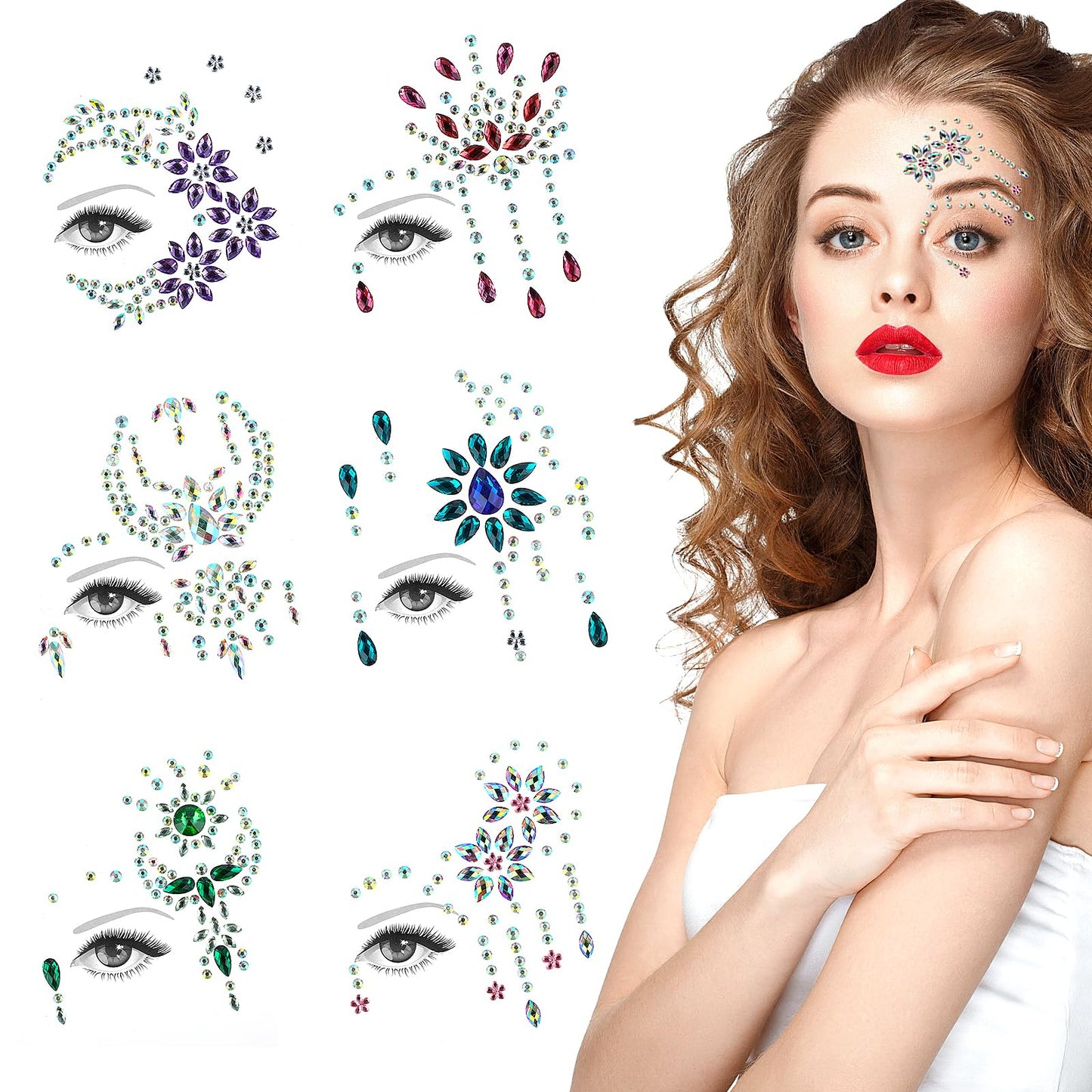cobee Face Gems Stickers, 6 PCS Rhinestone Face Stickers Set Glitter Festival Temporary Tattoos Eye Gems Stick on Self-adhesive Crystal Decorations for Women Body Makeup Crafts Party Rave Carnival
