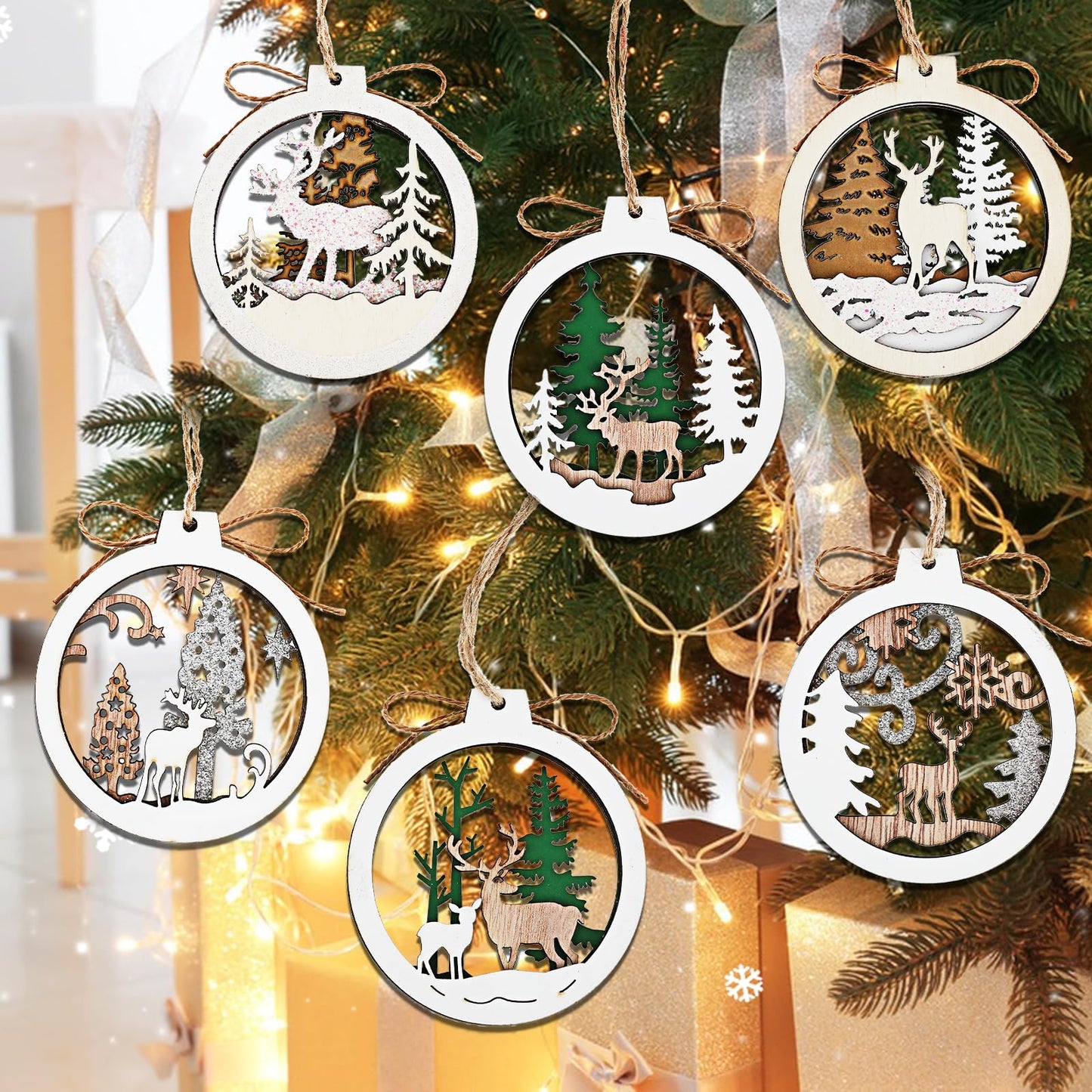 Molain 6pcs Christmas Tree Hanging Ornament, Double Sided Hollow Out Round Wooden 3D Snowflake Reindeer Santa Claus Christmas Ornament, Indoor Home Christmas Tree Table Hanging Ornament