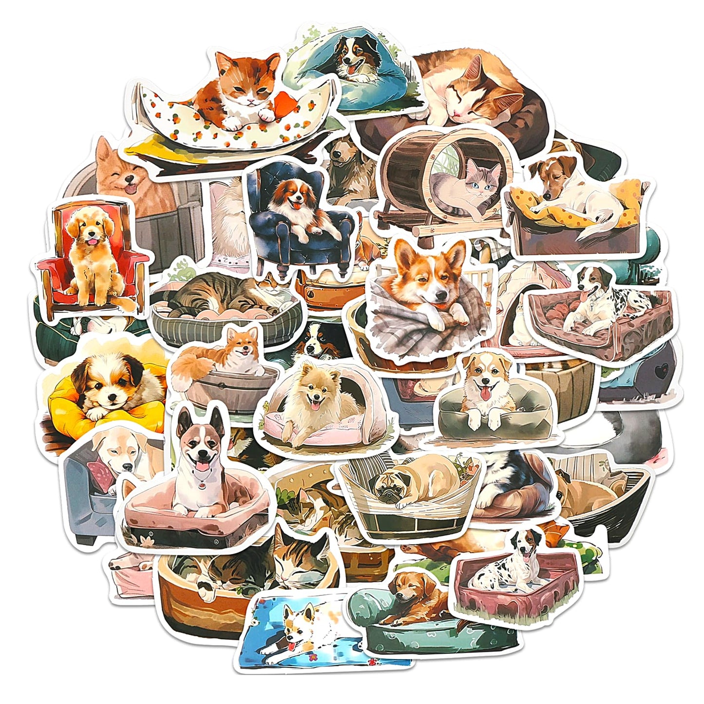 Amabro 50PCS Cute Dog and Cat Stickers, Funny Pet Stickers Vinyl Waterproof Animal Stickers Bulk Puppy Kitten Decals for Water Bottles Laptop Scrapbook Skateboard Bicycle Phone