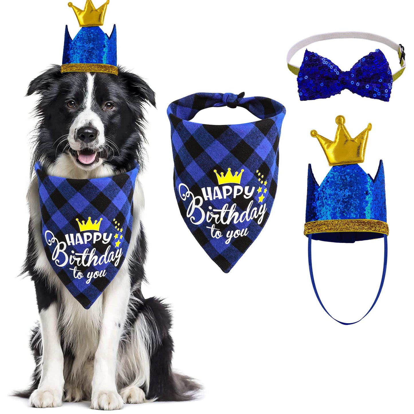 Cobee Dog Birthday Bandana Hat Bow Tie Set, 3 Pieces Dog Birthday Party Supplies Dog Plaid Bandana Bling Crown Hat Glitter Bow Tie Collar for Small Medium Dogs