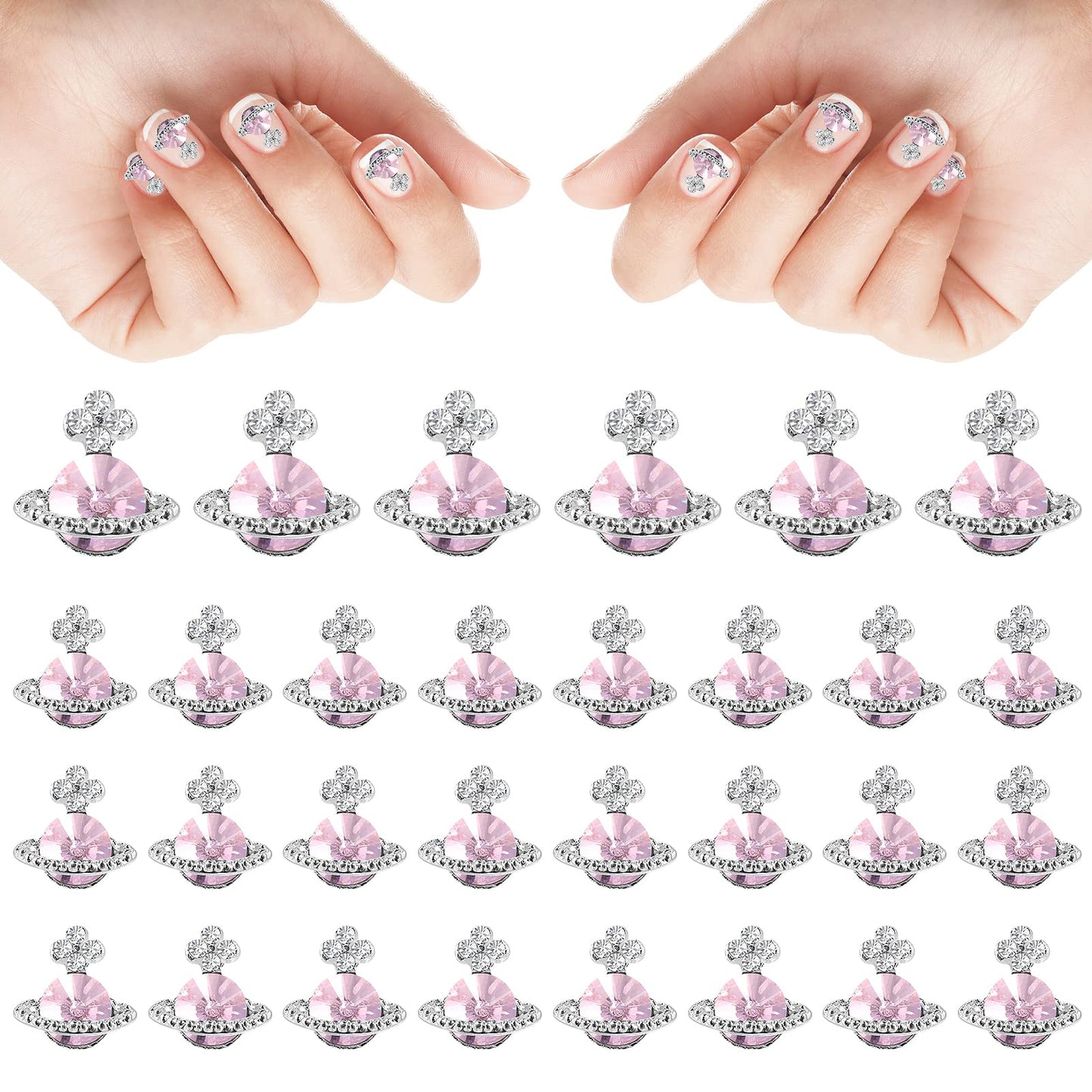 TIESOME 20Pcs Planet Nail Charms, 3D Nail Rhinestones Nail Art Zircon Alloy Manicure Jewelry Cute Glitter Nail Accessories for Women Girls Nail Decorations (Pink)