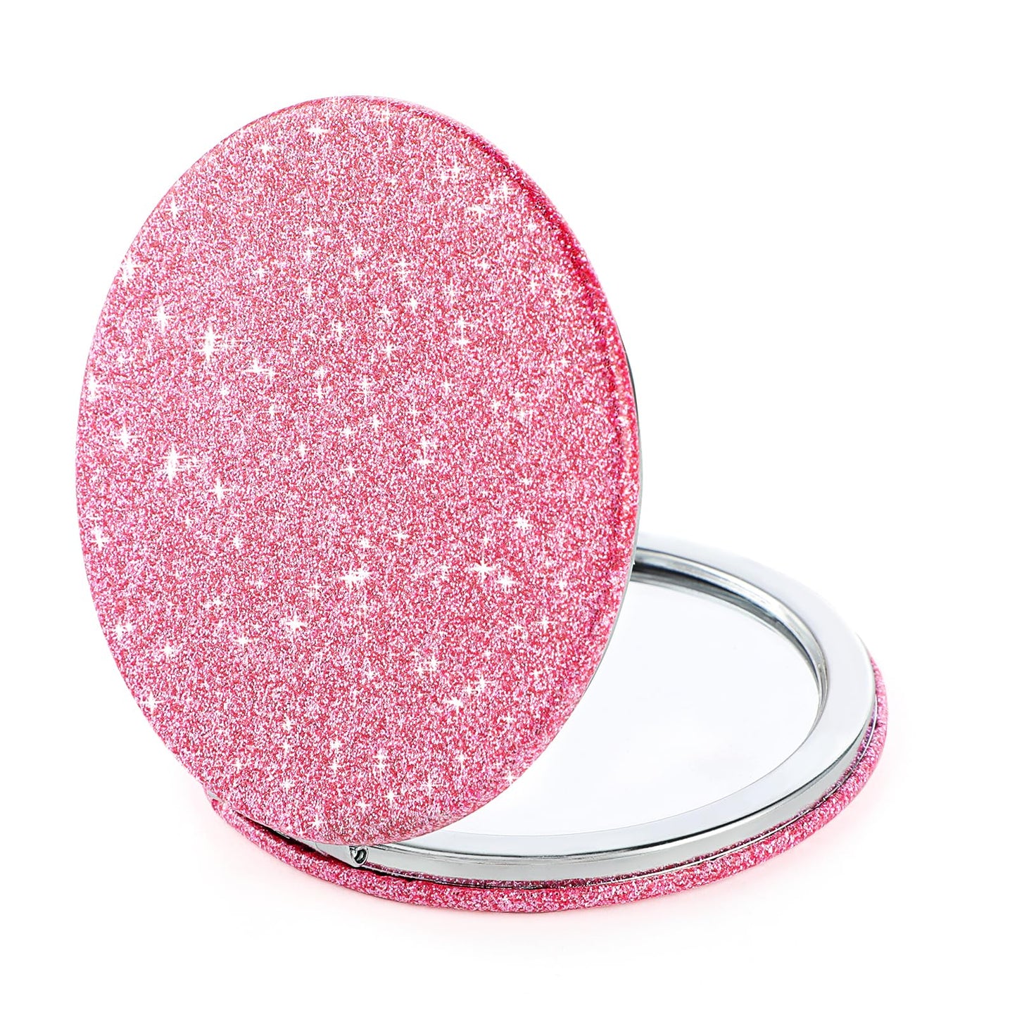 Andibro Small Glitter Compact Mirror, Folding Pocket Makeup Mirror Handheld 2-Sided 1x/2x Magnifying Cute Cosmetic Mirror Round PU Leather Mirror for Women Girls Travel(pink)