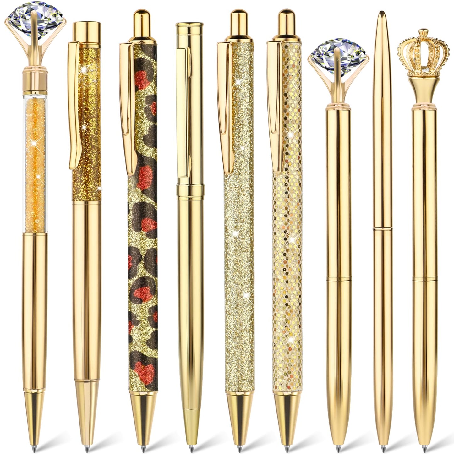TIESOME 9 Pcs Ballpoint Pens, Metal Crystal Diamond Pen Liquid Sand Glitter Pen for Journaling Black Ink Pretty Cute Pens Fancy Pens Gifts for Women Girls School Wedding Office Supplies(Gold)