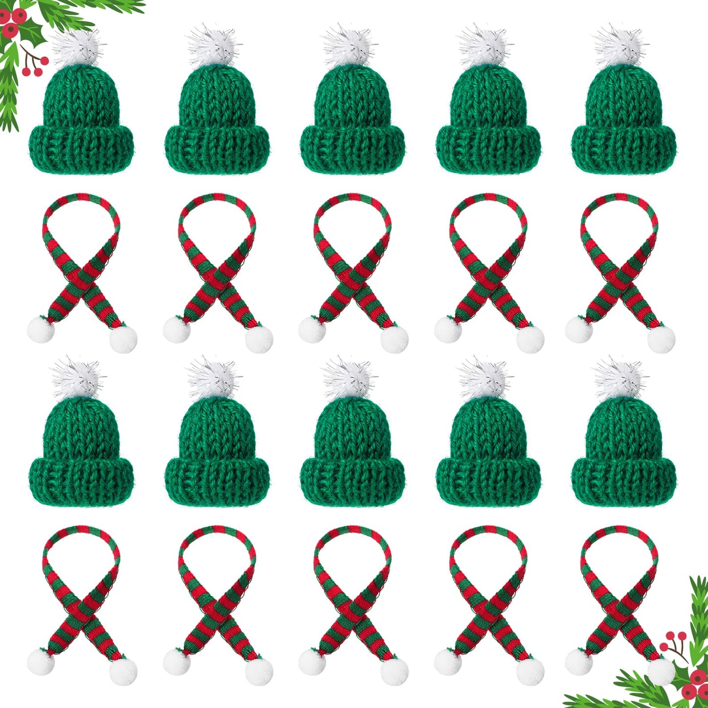 Amabro 20PCS Mini Christmas Knit Hats and Scarf Set, Mini Santa Hats Scarves for Crafts Miniature Christmas Decorations Ornaments for Xmas Tree DIY Art Snowman Doll(Green)