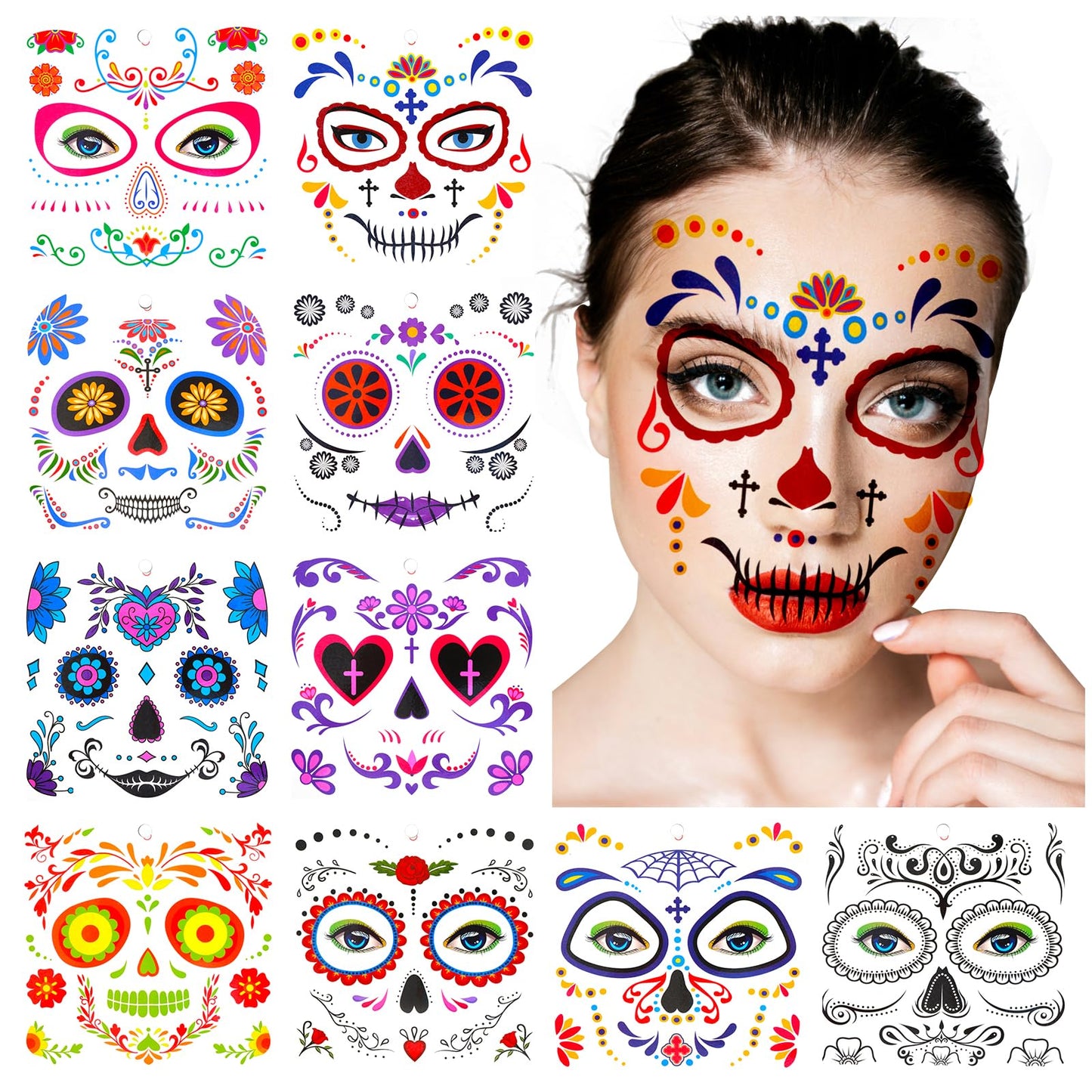 Amaxiu 10 Sheets Halloween Face Temporary Tattoos, Day of the Dead Floral Sugar Skull Face Tattoos Stickers Makeup Kit on Cheek Eye Forehead Nose Mouth for Halloween Masquerade Party Decorations