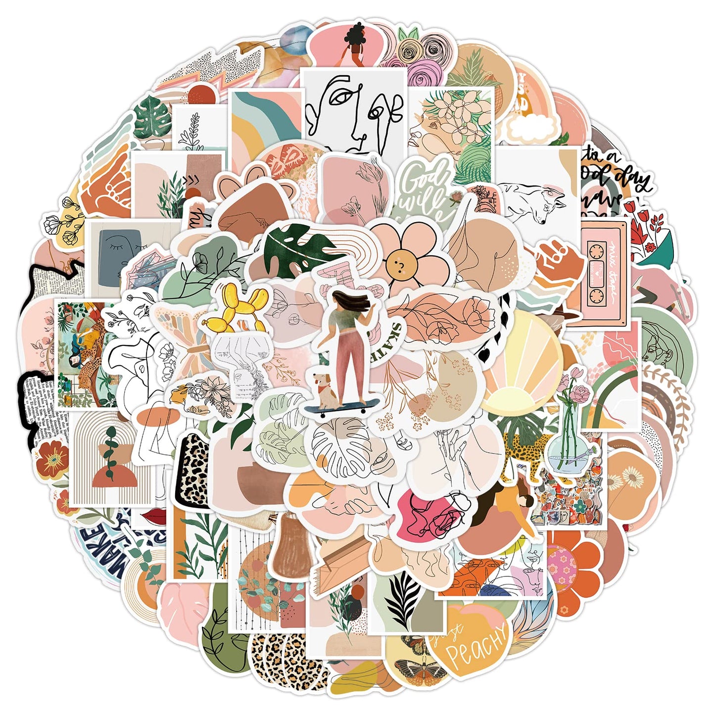 TIESOME 200 Pcs Boho Stickers, Aesthetic Stickers Minimalist Abstract Line Art Decor Vinyl Stickers for Water Bottle, Laptop, Phone, Skateboard Stickers for Teens Girls Kids and Women