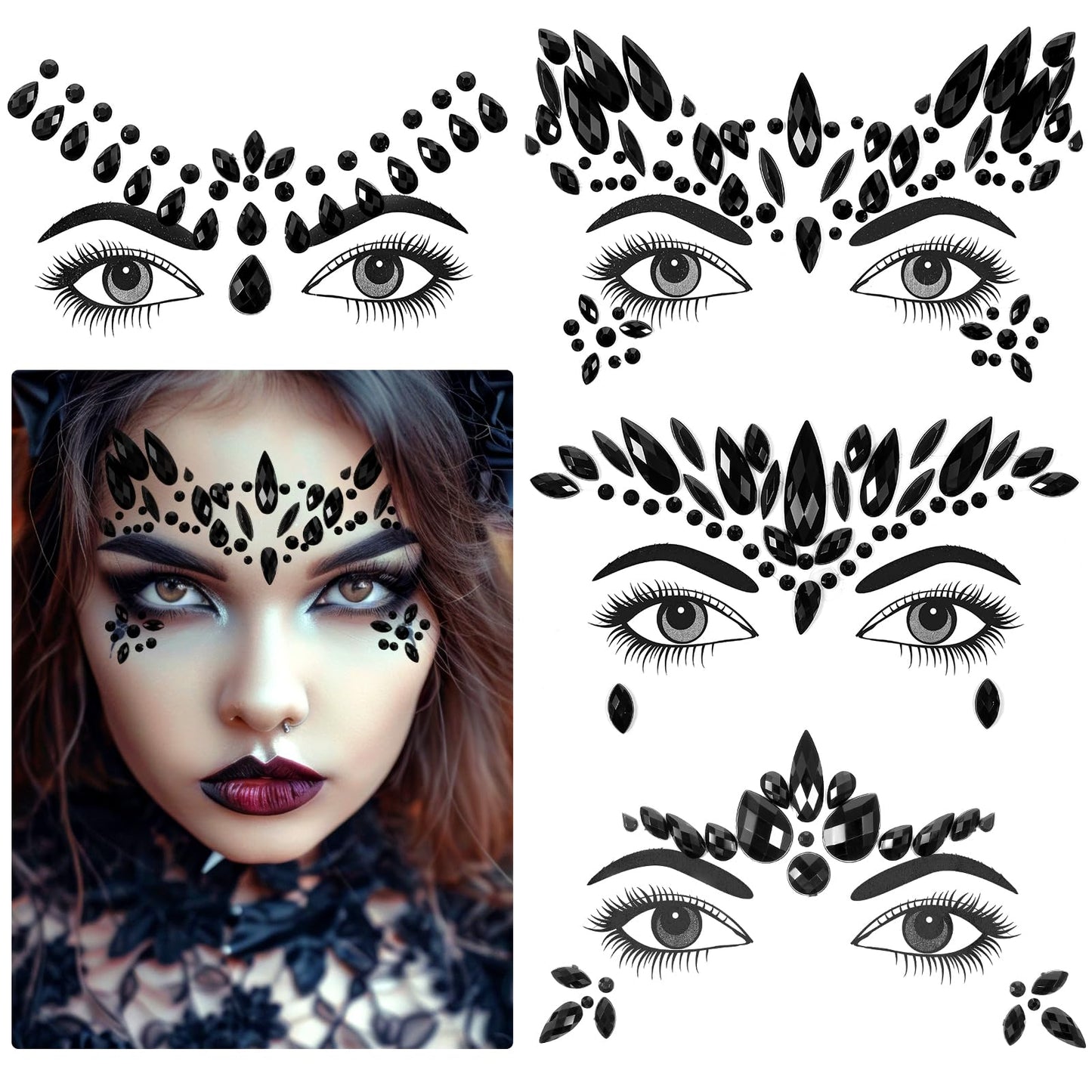 GEEHUA Black Halloween Face Gems, 4 Sets Rhinestone Face Glitter Face Jewelry Stick On Temporary Tattoos Self Adhesive Rave Accessories for Face Eye Forehead for Rave Festival Halloween Party Makeup