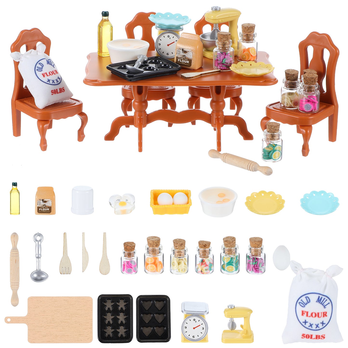 AOZUO 35Pcs Dollhouse Furniture Set, Miniature Doll House Kitchen Accessories, Mini Breakfast Scene Dollhouse Accessory, Gnome Table and Chair Set for DIY Dollhouse Decoration Pretend Play Gift