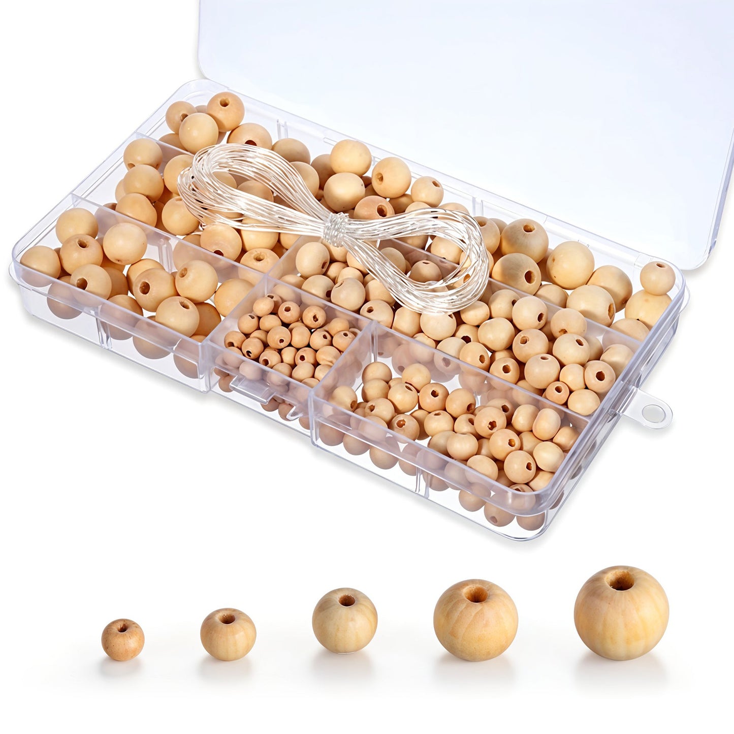DOPENSPI 300PCS Wooden Beads for Crafting, 5 Sizes Natural Wooden Spacer 6-14mm Round Craft Bead with Hole Wood Spacer Beads for DIY Crafts Jewelry Making