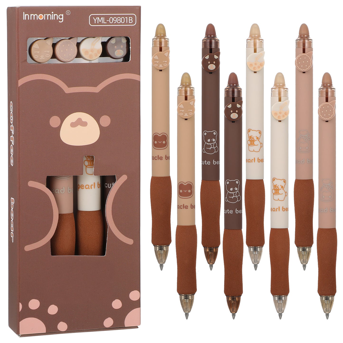 Giantree 8Pcs Erasable Pens, Cute Retractable Erasable Gel Pens, Erasable Pens Multicolor Cute Bear Erasable Pens for Kids, Aesthetic Pens Smooth Write Quick Dry Easy to Erase Office School Pen(Brown)