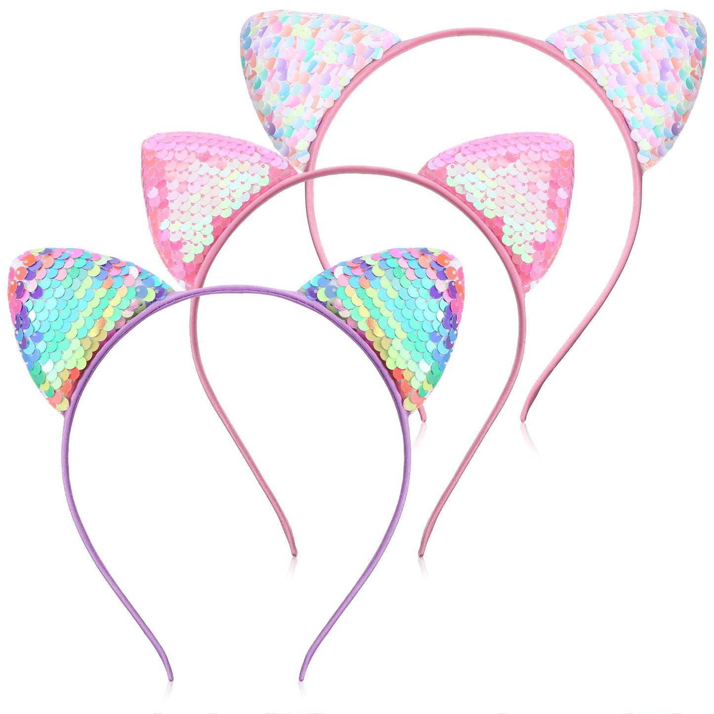 HJZHII 3Pcs Reversible Sequin Cat Ears Headbands, Glitter Sparkly Cat Hairbands Cute Shiny Hair Accessories for Girls Women Daily Wearing and Party Cosplay Decoration