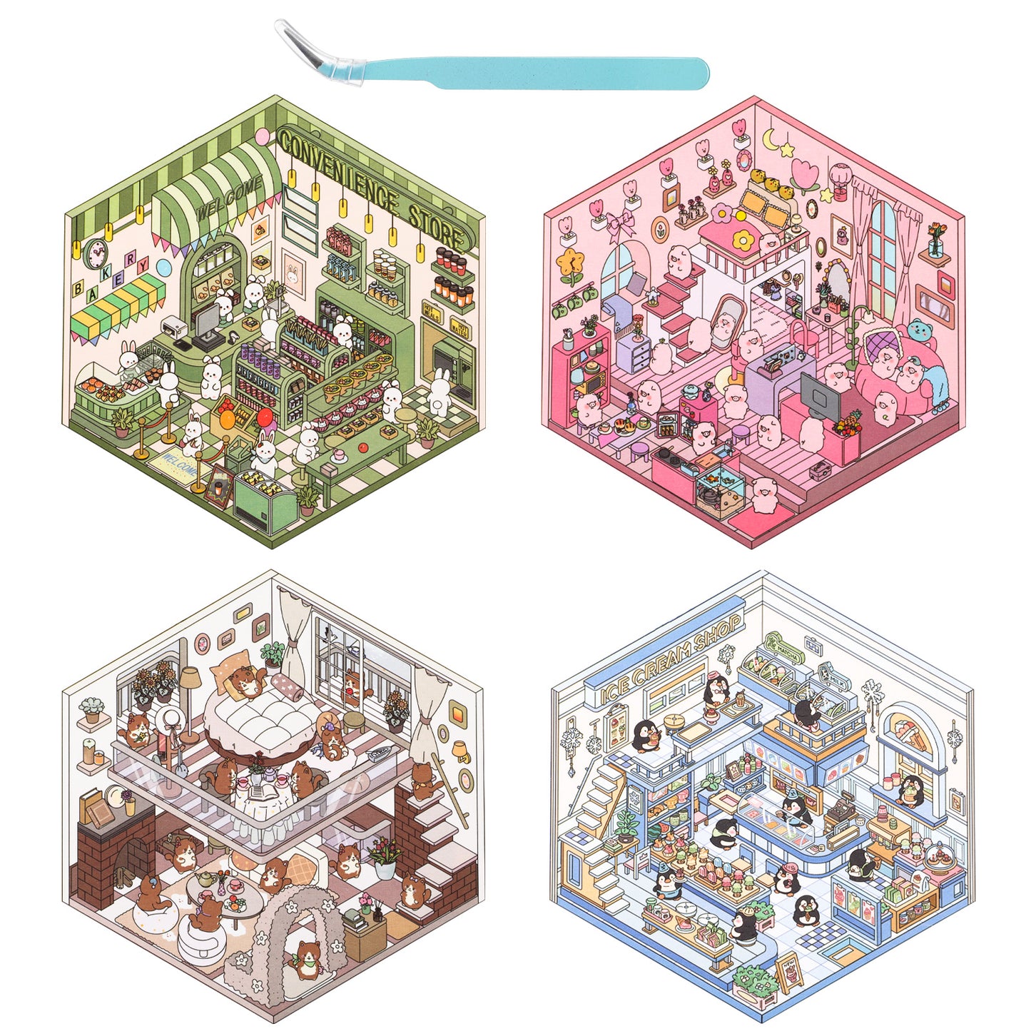 Yuanchu 3D Sticker Scene, 4 Sets DIY 3D House Sticker Set Creative Scene Fun Stacking 3D Stickers Isometric Stickers DIY Sticker Scenes 3D Miniature Sticker Therapy for Relaxing Passing The Time