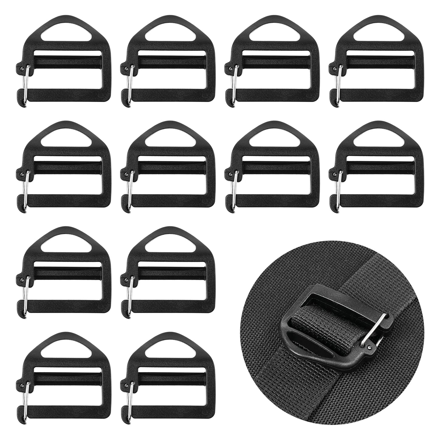 HJZHII 12 Pcs Webbing Hook Clip 25mm 1'' Strap Belt Buckle with Open Lock Plastic Webbing Sliding Button End Clasp Connector Slide Buckles for Backpack Sewn Loop Hiking Repair Replacement