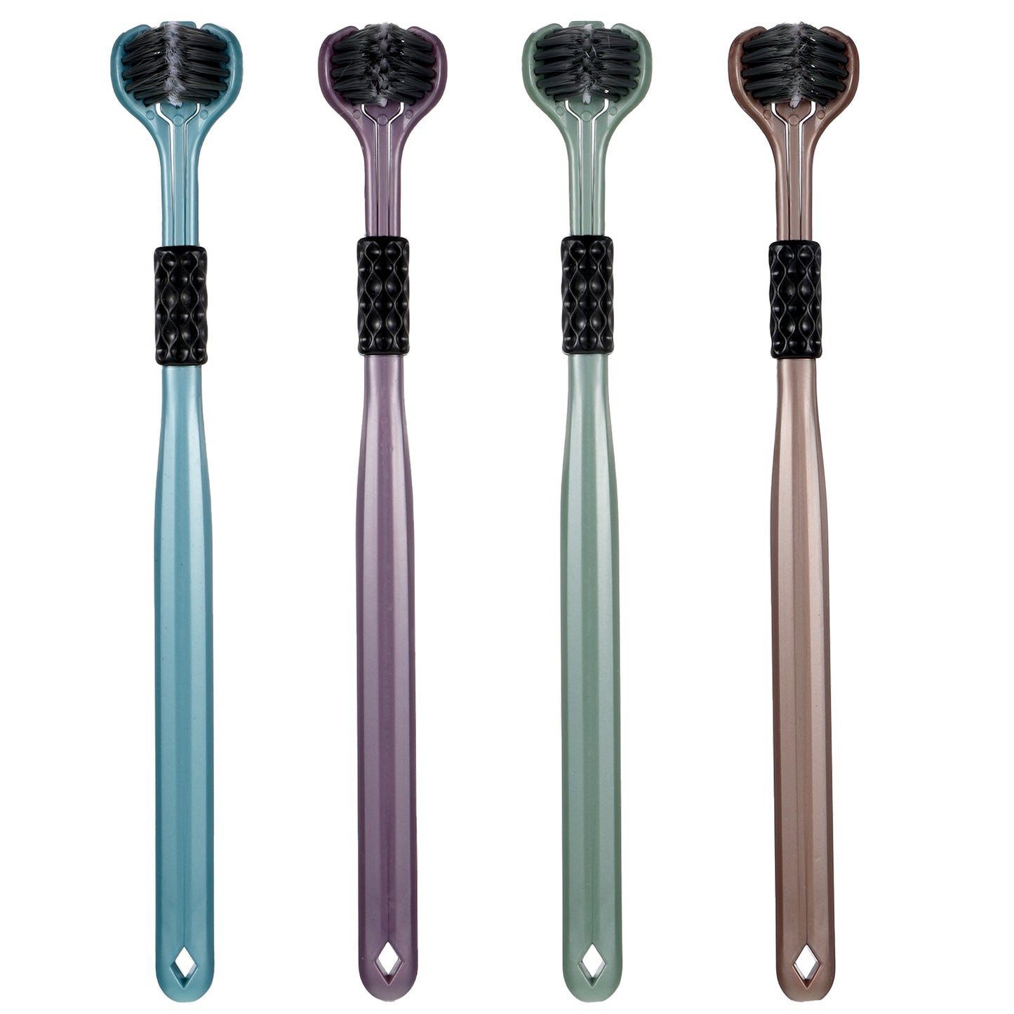 SULIKJHUI 4 Pcs 3 Sided Toothbrush, Autistic Toothbrush with Soft Bristles, 360° Cleaning & Ergonomic Handle, Dental Care Set for Kids & Adults, Travel Friendly (Blue, Brown, Green, Purple)