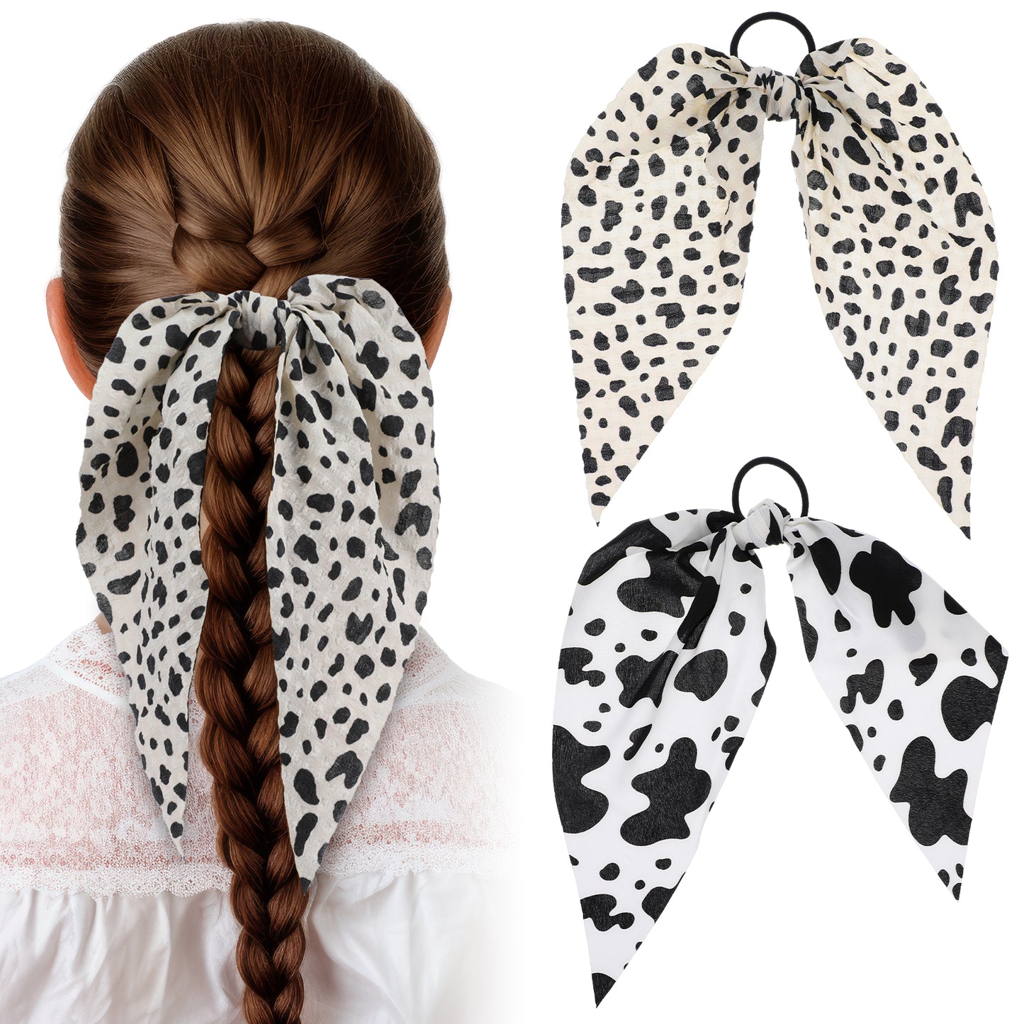 AOZUO 2pcs Spotted Pattern Hair Band, Elastic Cow Print and Leopard Bowknot Hair Tie Ropes Ponytail Holder Hair Scarf Scrunchies Rabbit Bunny Ear Scrunchy Hair Ribbon Aesthetic Hair Accessories(A)