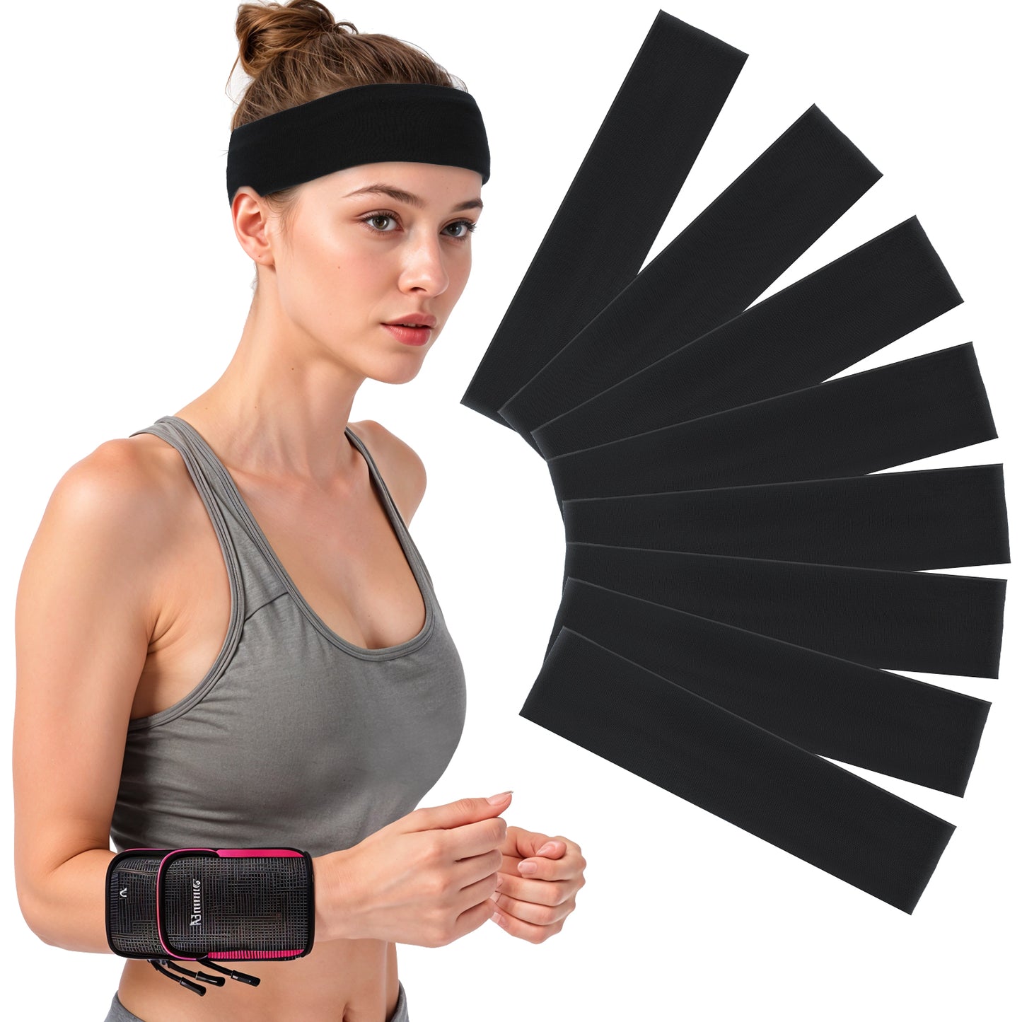 Yuanchu Workout Headbands for Women Non Slip, 8pcs Elastic Sport Head Bands for Women's Hair Sweat Headband Soft Fabric Hair Wraps for Athletic Yoga Running Gym(Black)