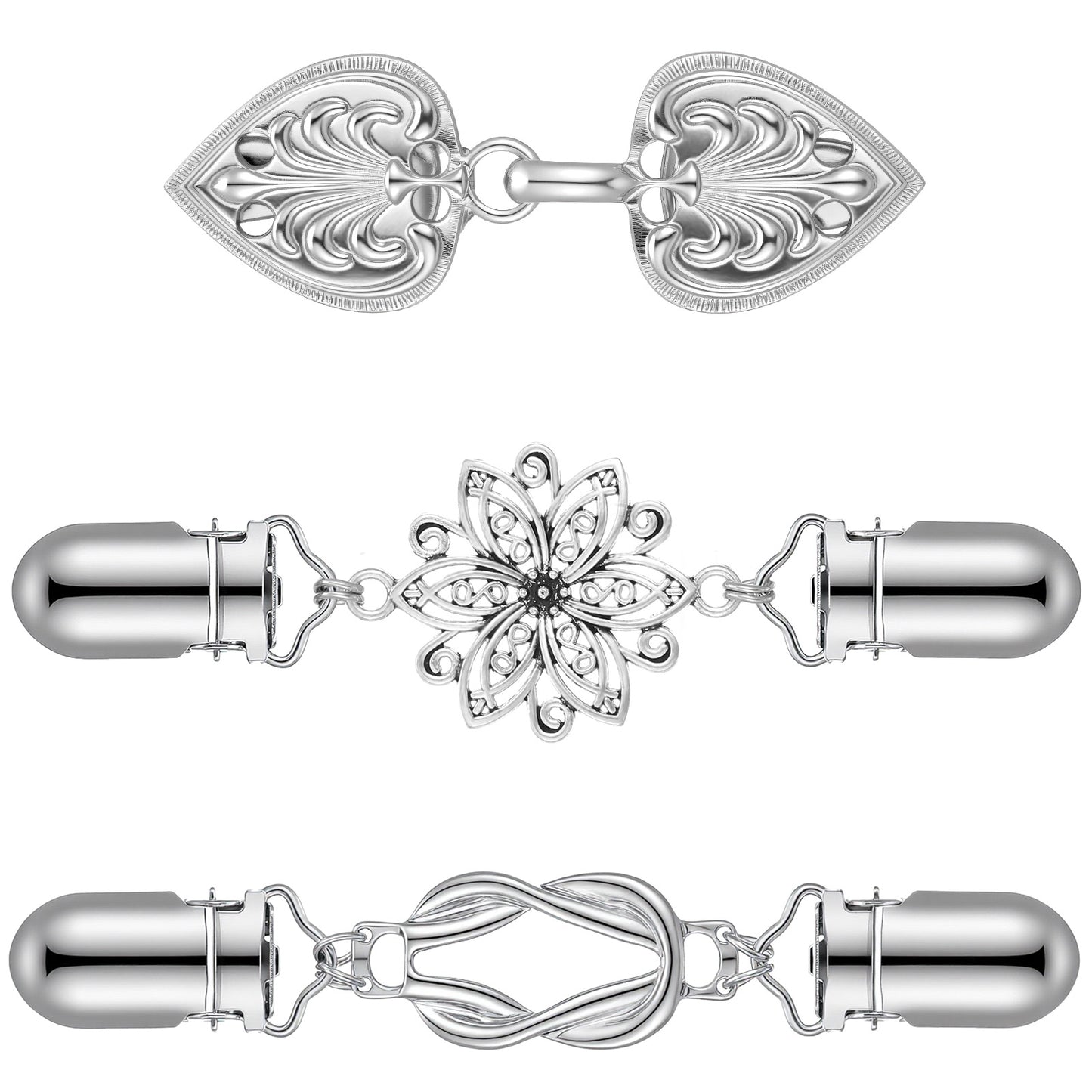 Molain 3 Styles Dress Clips Back Cincher, Waist Clip Adjuster for Shawl Cardigan Collar Sweater Gown Pant Shirt Vintage Silver Clip Set