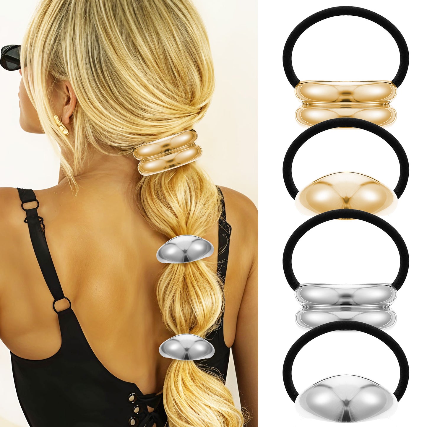 Yuanchu Metal Hair Ties, 4 PCS Metal Gold Hair Cuffs for Ponytails Geometric Elastic Ties Accessories Glossy Arch Wrap Women(Gold, Silver)