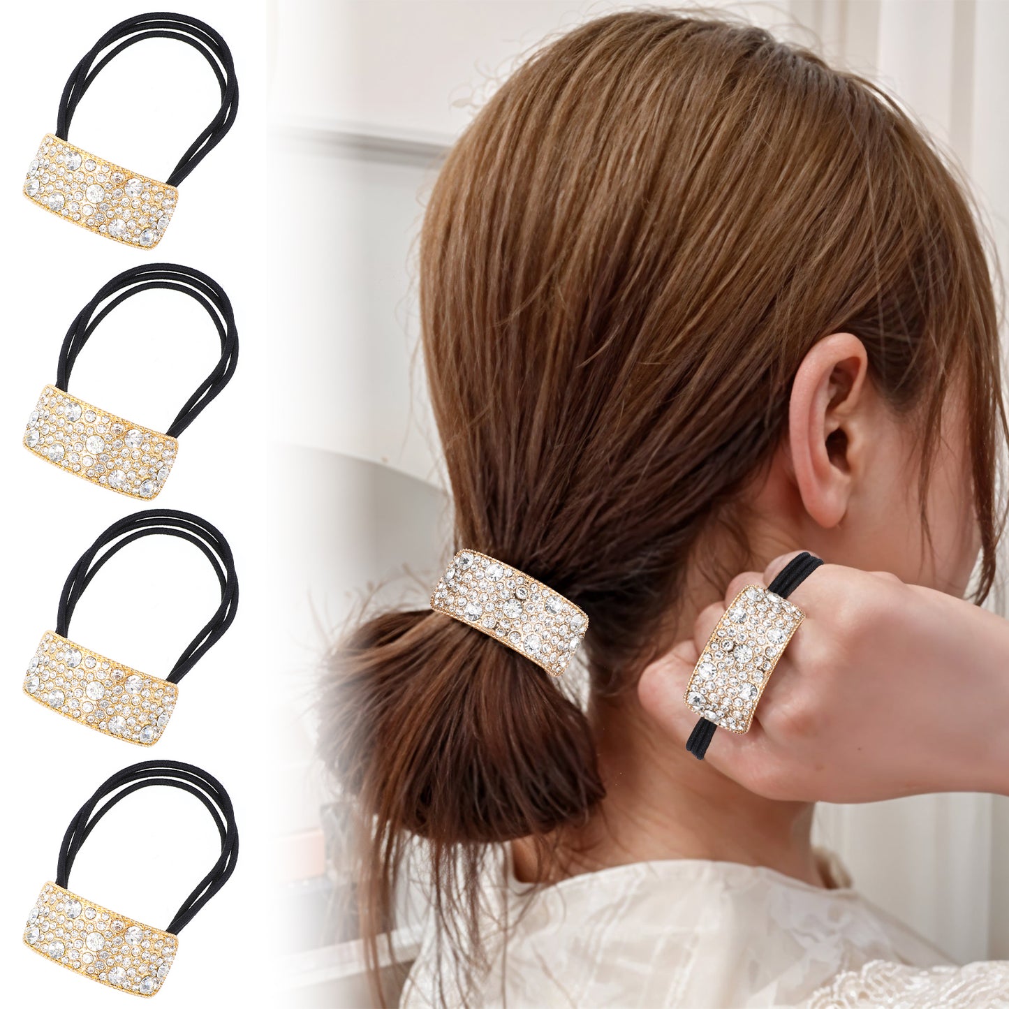 HJZHII 4PCS Crystal Rhinestone Hair Ties for Women Girls, Sparkly Rhinestone Hair Ties Elastics Scrunchies Fashion Hair Bands Elegant Hair Accessories for Women Girls(Gold)