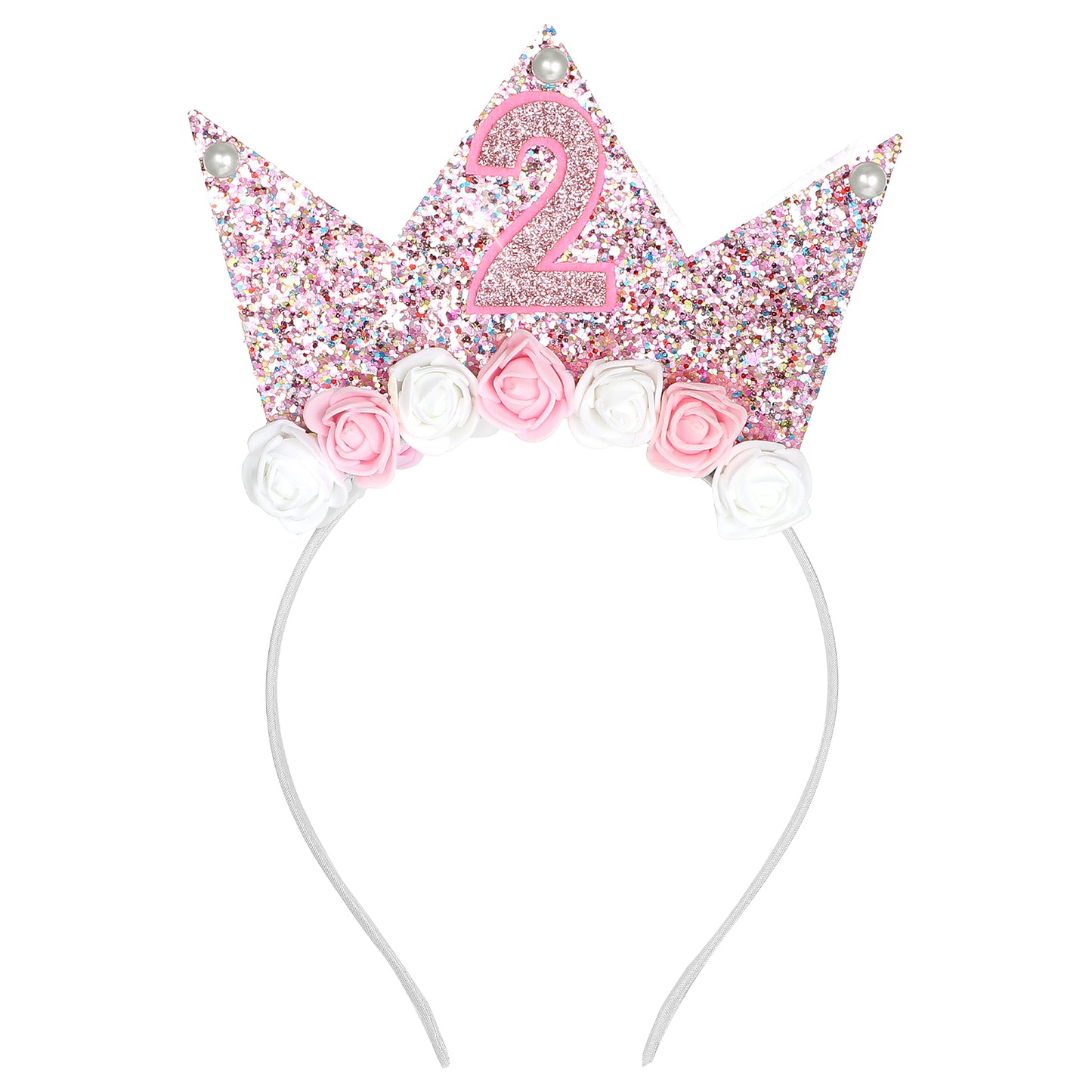 Yuanchu Birthday Glitter Crown Headband for Toddlers Girls, 2th Birthday Baby Flower Crown Princess Crown Birthday Party Decorations for Girls