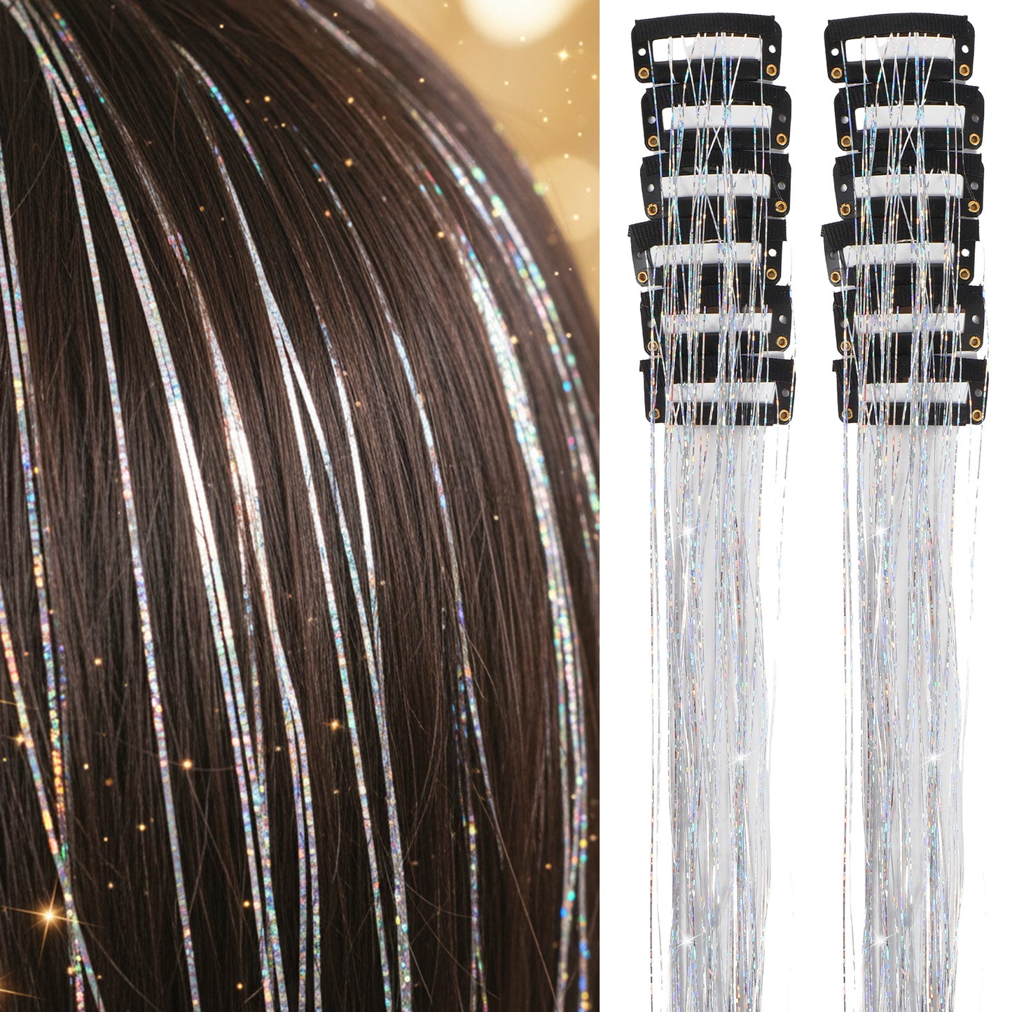 XLIUAX 12 Piece Hair Tinsel Clips, Clip in Hair Tinsel, 19.5 Inch Glitter Heat Resistant Hairs Tinsels Extensions, Sparkle Strands Festival Gift Party for Parties, Everyday Wear, Travel, Birthdays