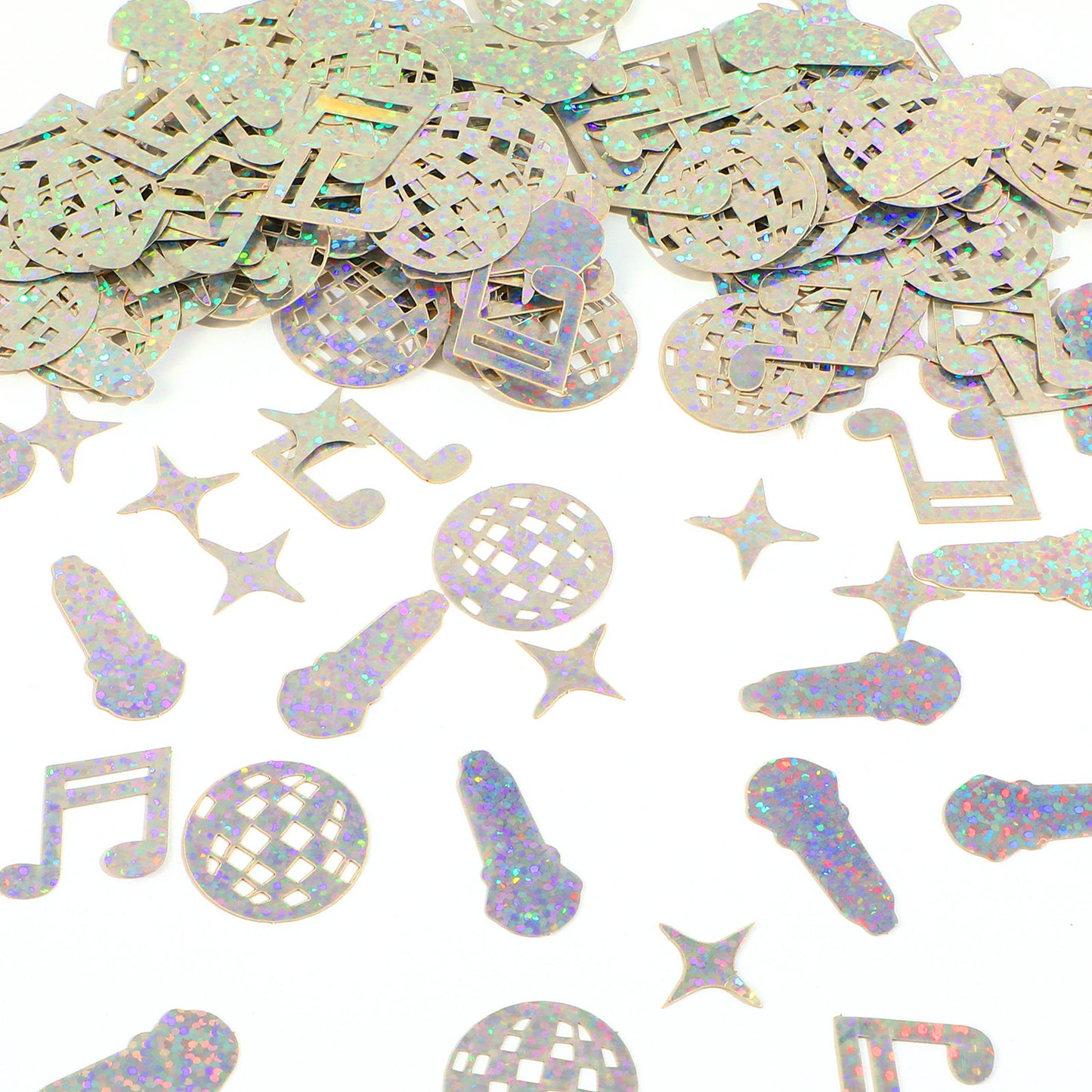 SULIKJHUI 200Pcs Disco Party Confetti, Disco Decorations with Glitter Discos Balls & Music Notes, 0.97 Inch Metallic Foil Confetti for Birthday, Wedding, Table Decor (Silver)