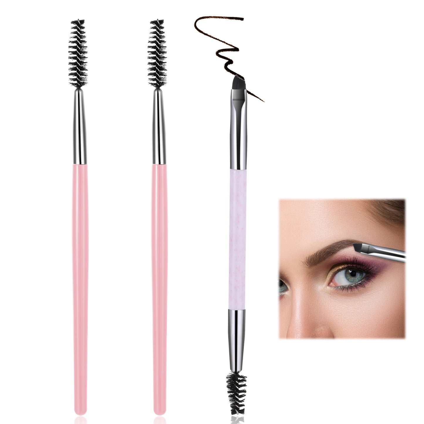 cobee 3 Pcs Double End Eyebrow Brush, Eyelash Comb Brow Spoolie, Brow Tint Brush Eyeliner Brush Make Up Tools for Grooming Lifting Brows Applying Brow Wax(Pink)