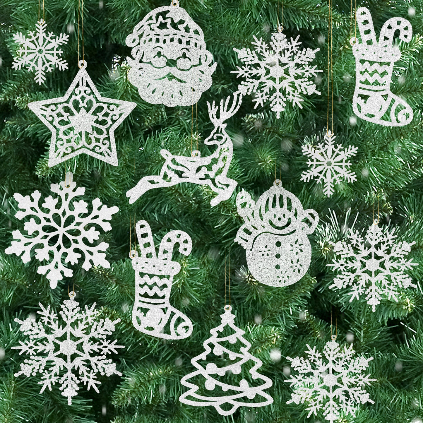 Amabro 42PCS Christmas Tree Ornaments Snowflakes Decorations, Glitter Silver Reindeer Christmas Stocking Snowman Santa Star Hanging Decoration for Xmas Winter Holiday Decor New Year Party
