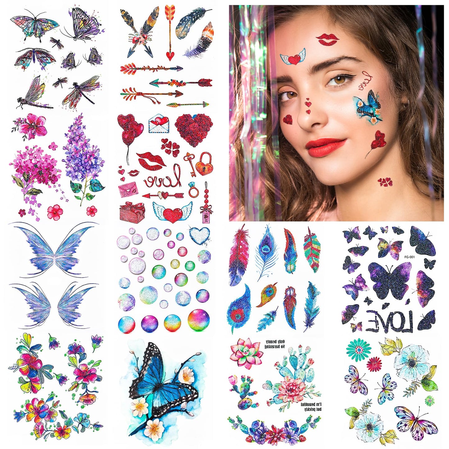 cobee 100pcs Face Temporary Tattoos, 12 Sheet Glitter Butterfly Fake Tattoos Stickers Bling Metallic Freckle Water Transfer Tattoo Art Face Arm Body Sticker for Women Makeup Birthday Rave(Style B)