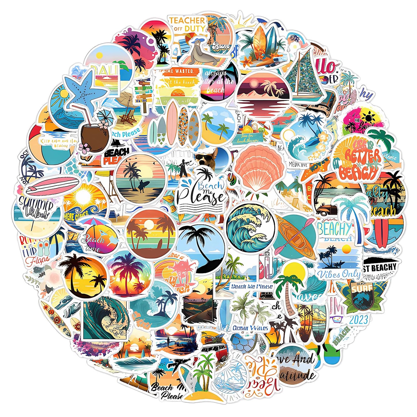 TIESOME 120Pcs Summer Beach Stickers Surfing Stickers Hawaii Beach Stickers, Waterproof Vinyl Stickers Outdoor Stickers Tropical Stickers Ocean Themed for Laptop Water Bottles Luggage Phone Skateboard