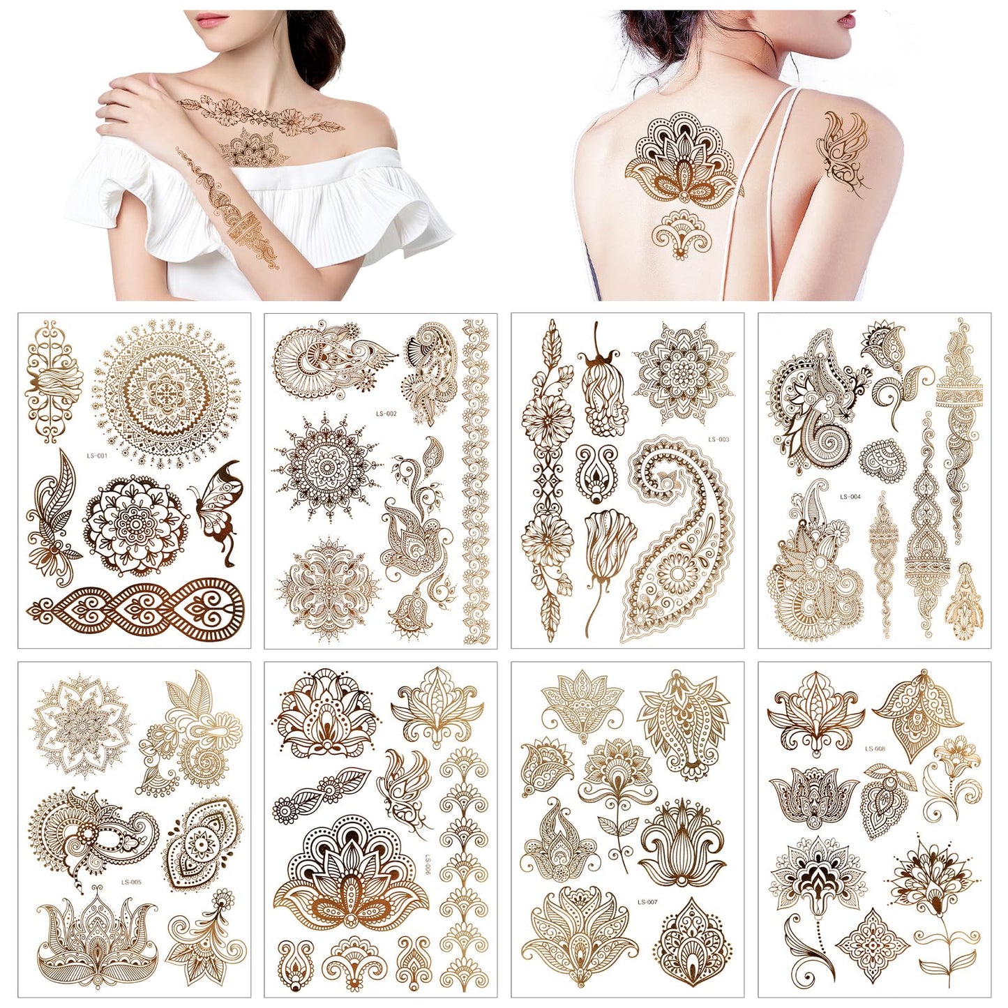 Yuanchu 8 Sheets Gold Face Tattoos Sticker, Glitter Gold Temporary Transfer Tattoo Waterproof Tattoo Freckle Decals Butterfly Flower Art Arm Body Sticker for Women Makeup Dancer Costume Party Musical