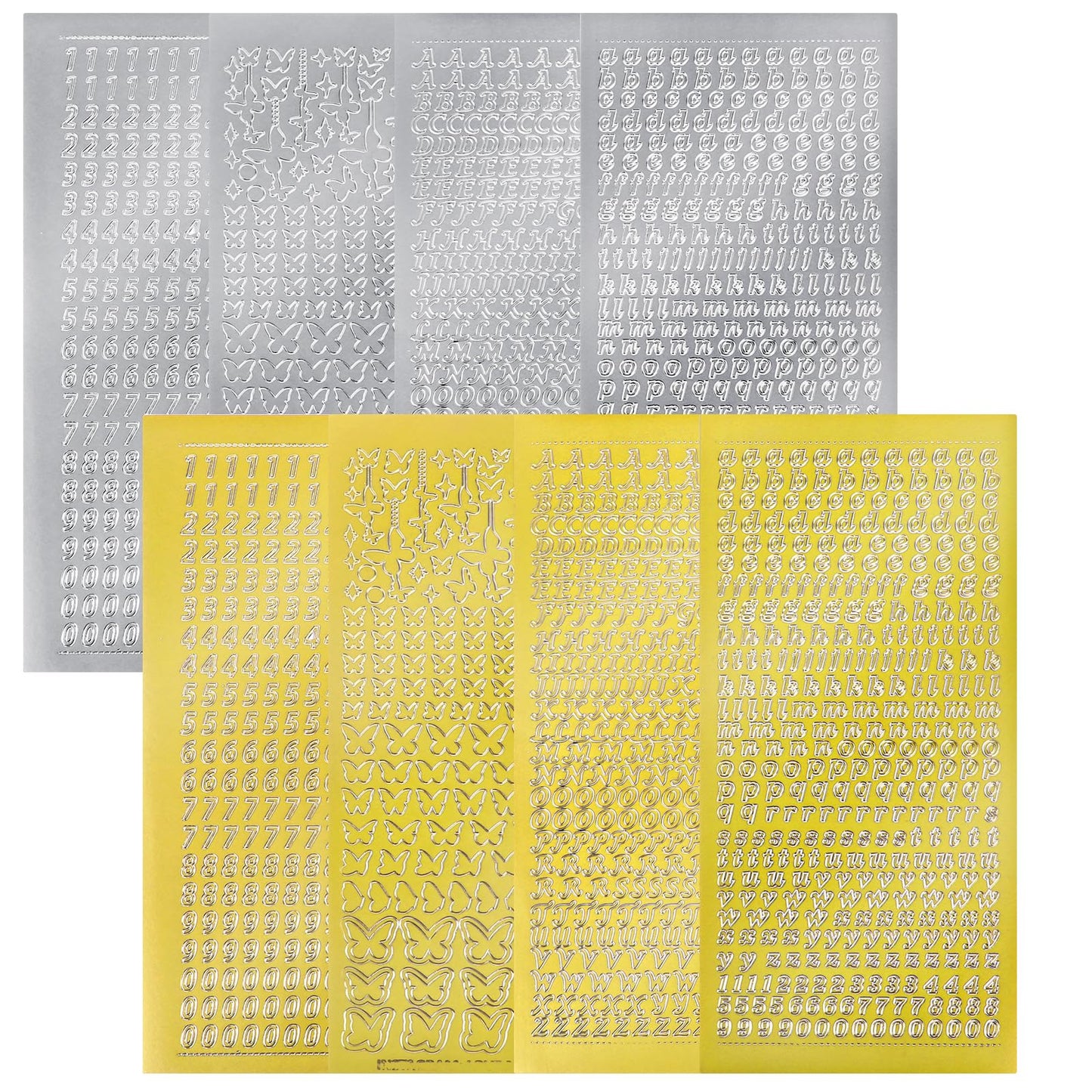 Molain 8 Sheets Mini Alphanumeric Handbook Stickers, Gloden Silver Mix Alphabet Butterfly Number Stamping Self-Adhesive Stickers for Epoxy Resin Casting Decoration DIY Crafts Scrapbook