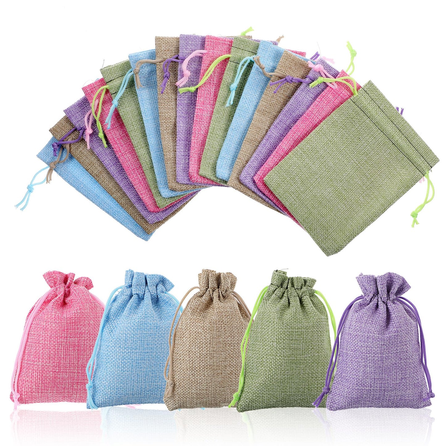 Yuanchu Pack of 15 Colourful Jute Bags, Natural Bags with Drawstring, 14.5 x 9.5 cm, Fabric Bag, Small Jute Bag, Gift Bag, Fabric Bags for Jewellery, Tea, Coffee, Spices, Sweets, Crafts