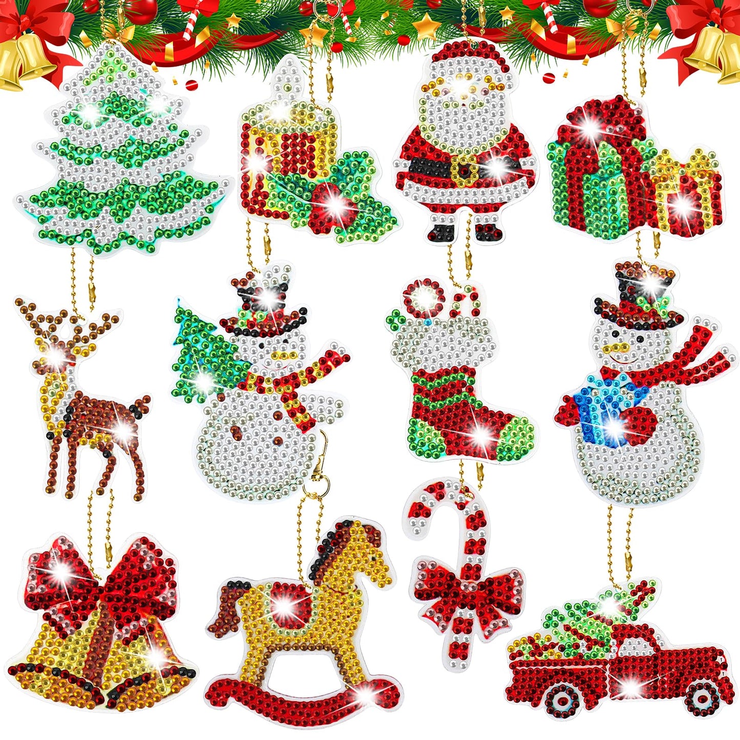 Amabro 12 Pcs Christmas Diamond Paintings Ornaments, Christmas DIY Diamond Paintings Keychain Christmas Hanging Diamond Art Kits for Crafts Family Xmas Decor
