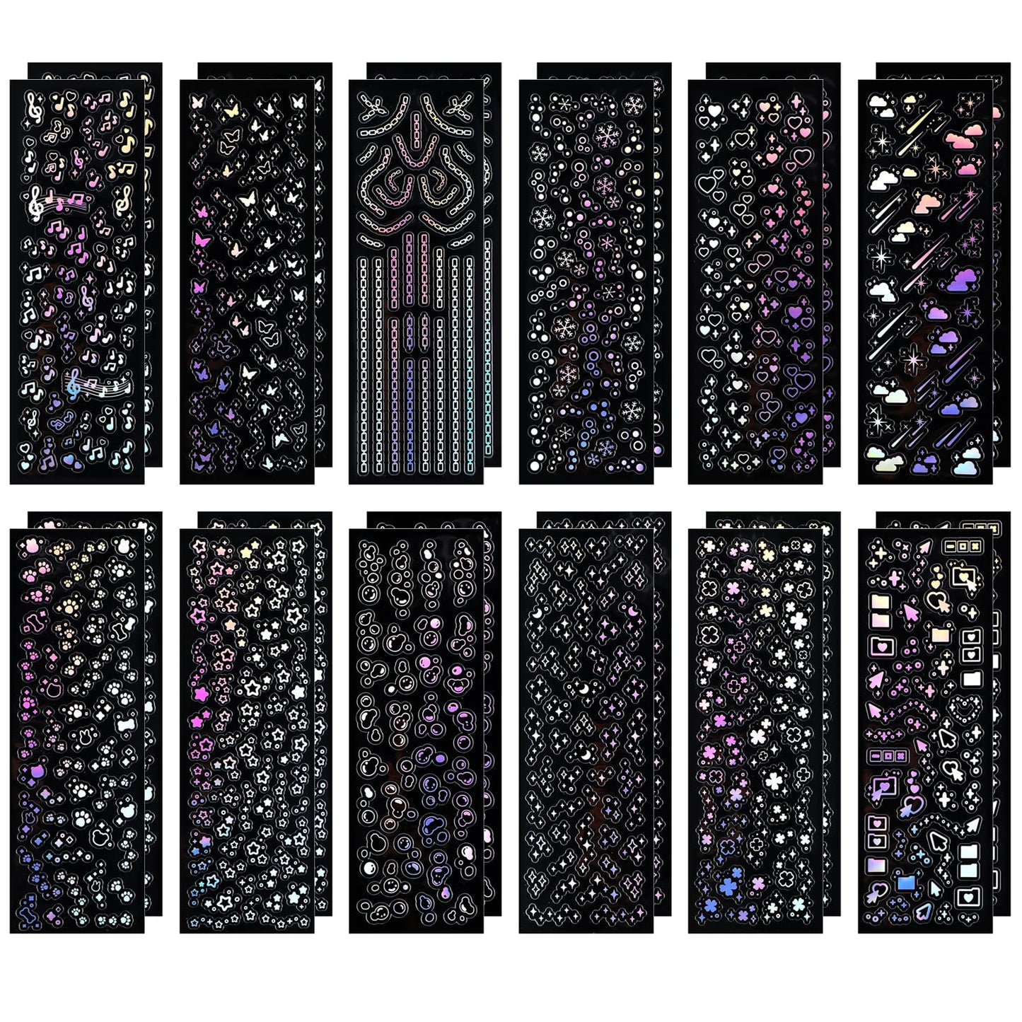 TIESOME 24 Sheets Holographic Kpop Deco Stickers for Photocards, Laser Korean Stickers Self Adhesive Clear Glitter Stickers Chain Butterfly Bubbles Snowflake Musical Note Decals Bling Sticker DIY Art