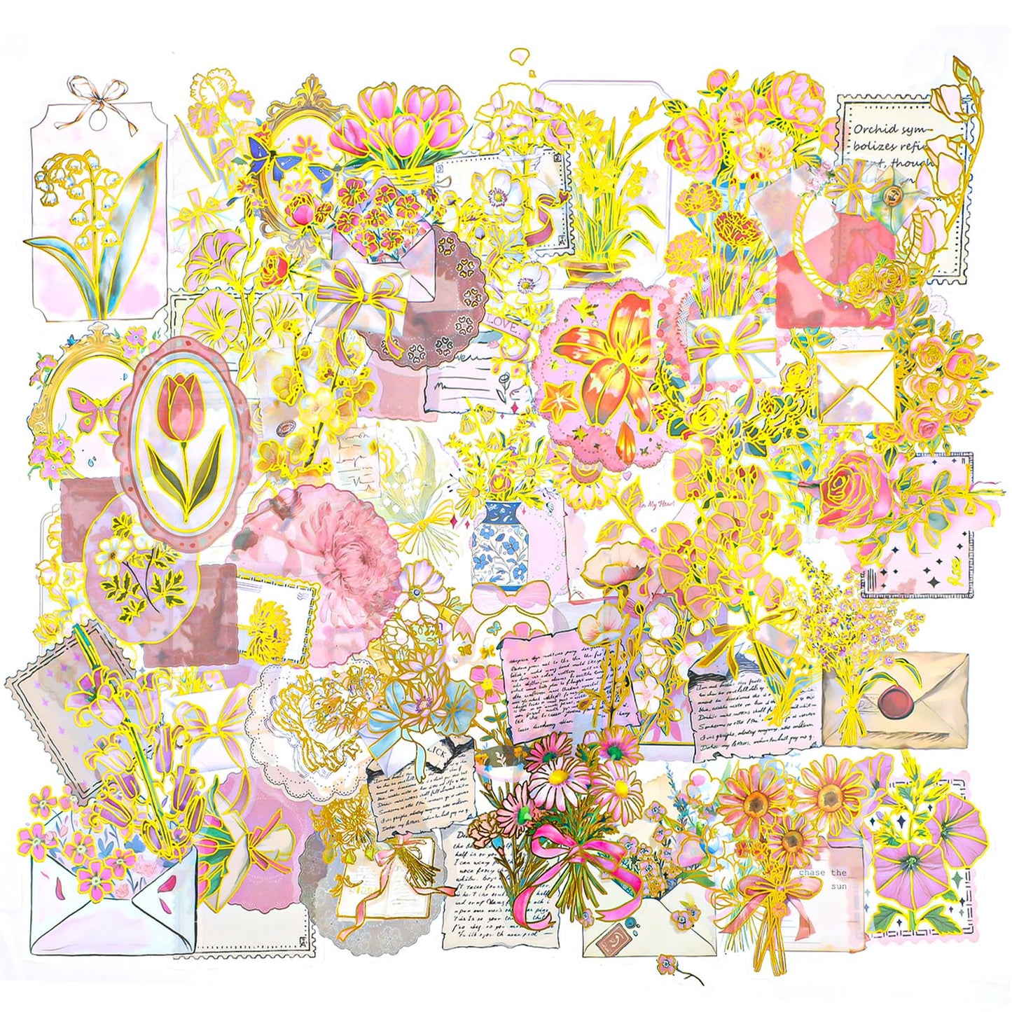 WJIAAA Journaling Stickers, Pack of 50 Gold Foil Vintage Flowers Junk Journal Accessories, 5 x 5 cm Transparent Scrapbooking Stickers for Journaling, Card Making & DIY