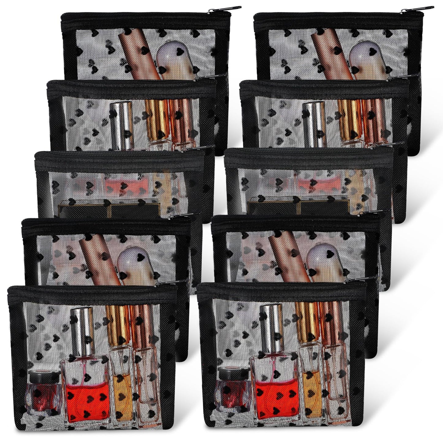 WJIAAA 10pcs Heart Print Cosmetic Bags, 3D Heart Print Makeup Bags Zipper, Mini Mesh Zipper Storage Pouch Small Nylon Organizer Purse Bag for Women Travel Lipstick Office Home Toiletry, Black, Simple