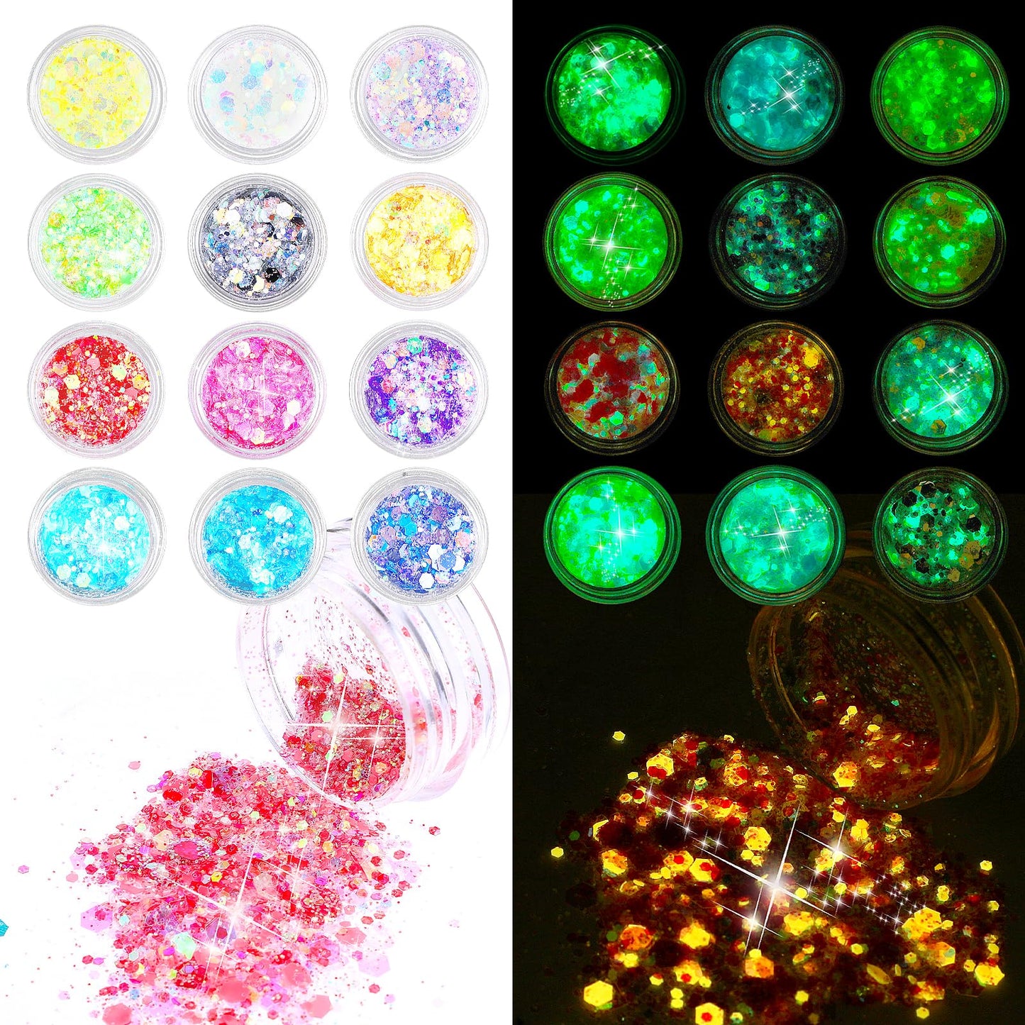 Giantree 12 Colors Fluorescent Glitter Sequin Set, Glitter Kit Makeup Glitter Face Glitter Body Glitter Sequin Nail Glitter Sequins for Nails Face Hair Party DIY Crafts