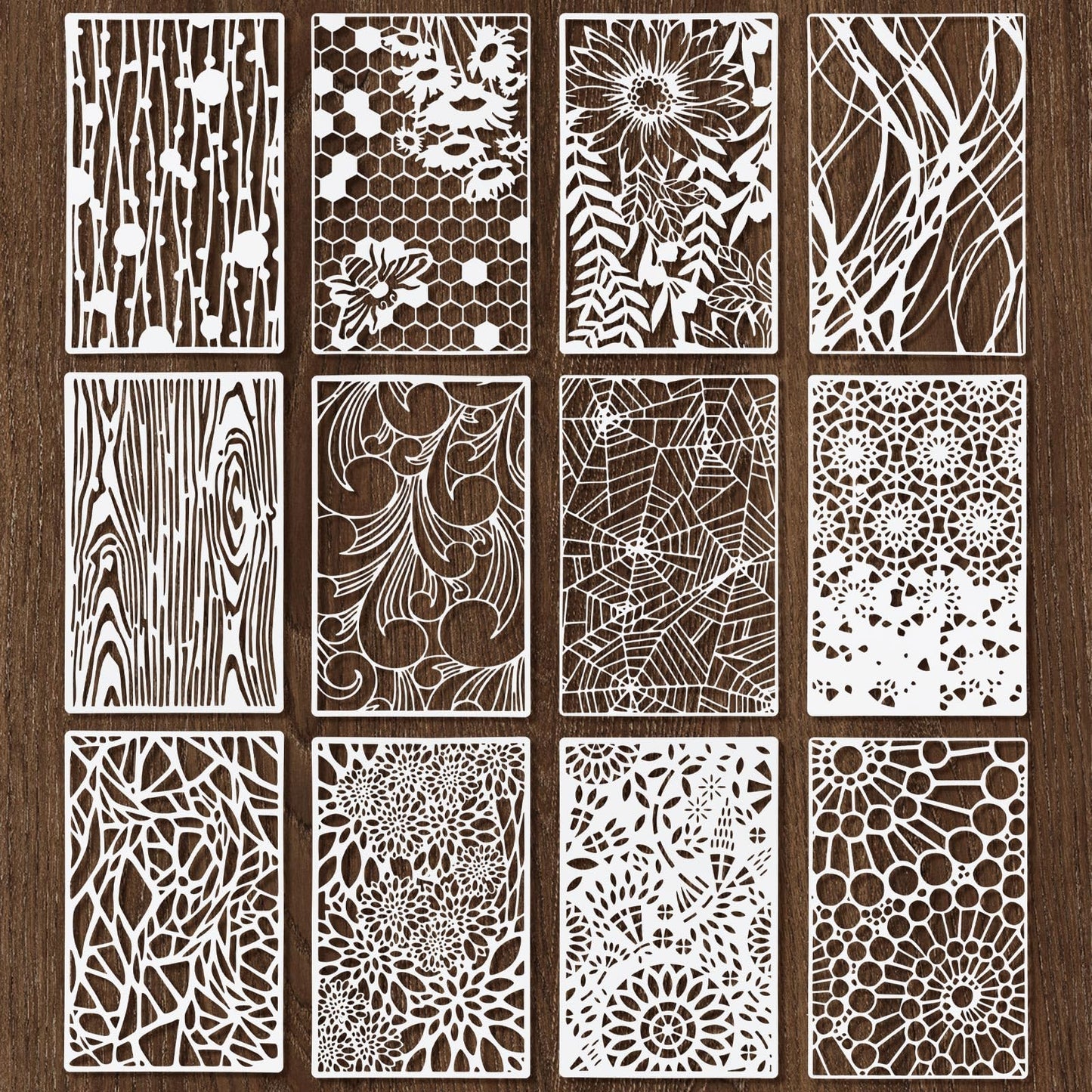 Yuanchu 12Pcs Mixed Stencils for Painting, Cubist Stencils for Crafts Reusable Flower Wood Texture Templates Spider Web Layering Spray Paint Stencils Kit for Painting on Card Canvas 11x7"