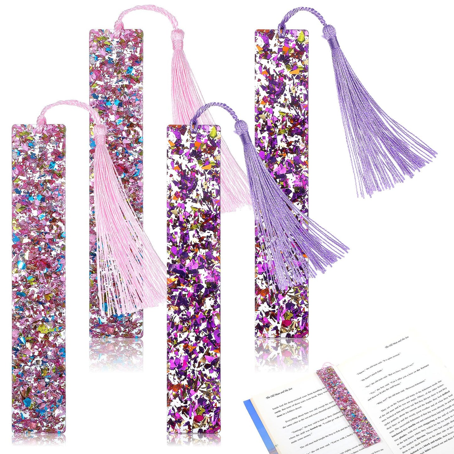DOPENSPI 4 Pcs Colorful Sequined Bookmarks with Tassel, Resin Bookmarks Acrylic Book Markers for Scrapbook Charm DIY Art Crafts Making Supply Office Home Supplies