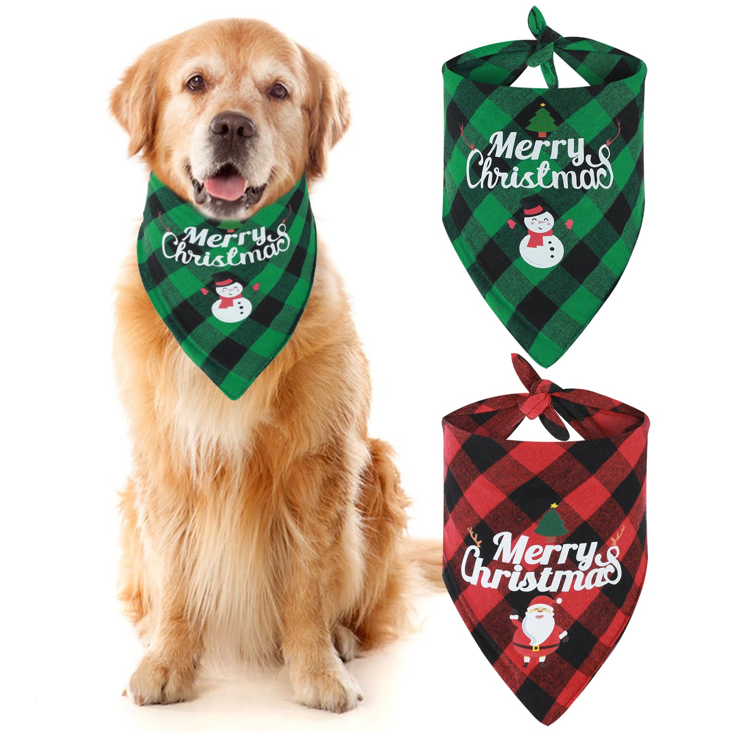 GEEHUA 2 Pack Christmas Dog Bandanas, Classic Stylish Plaid Triangle Dog Scarf with Santa Snowman Print Holiday Dog Bandanas Soft Fabric Pet Scarf for Boy Girl Dog Costume for Small Medium Large Dogs