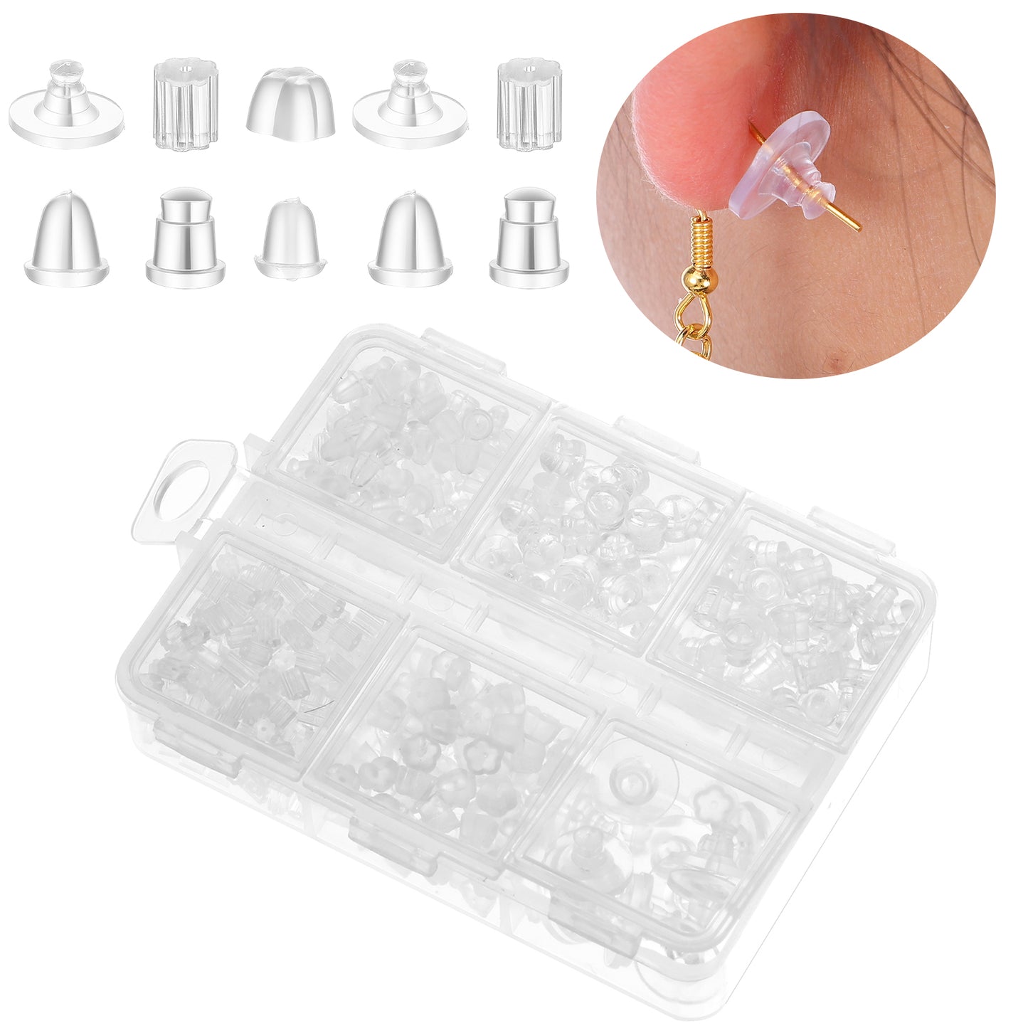 TIESOME 600 Pcs Earring Backs for Studs, Clear Soft Silicone Earring Back 6 Styles, Anti-Slip Backs for Heavy Earrings, Secure Fit for Daily Wear and Gift