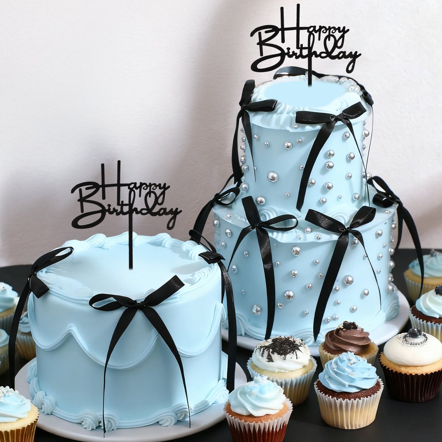 XLIUAX 32pcs Bow Cake Topper With Happy Birthday Sign, 30pcs Black Bow Ribbon with 2 Acrylic Happy Birthday Toppers for Coquette Theme Anniversary Wedding Party Decorating Supplies