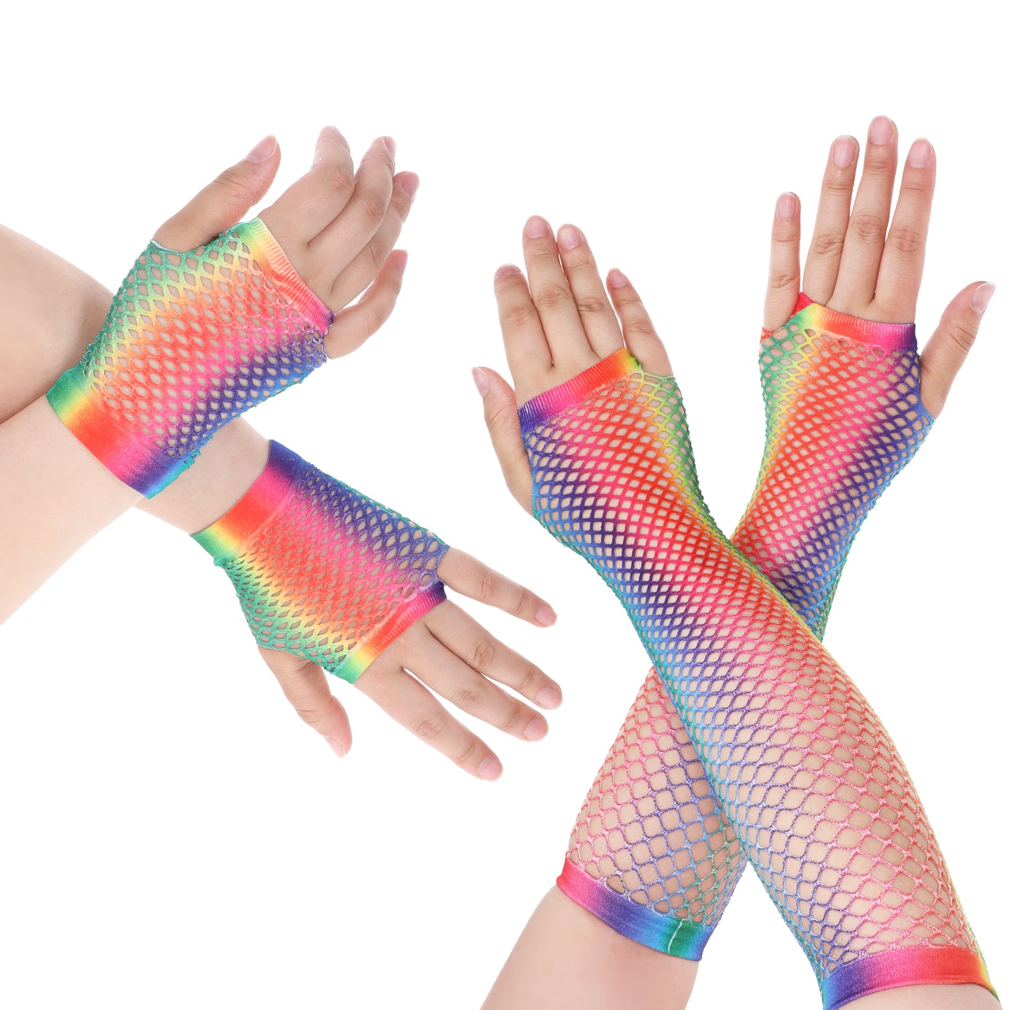 Giantree 2 Pairs Fishnet Gloves Fingerless For Women, 80s Fishnet Gloves Fishnets Arm Sleeves for Theme Party Costume Accessory (Rainbow)