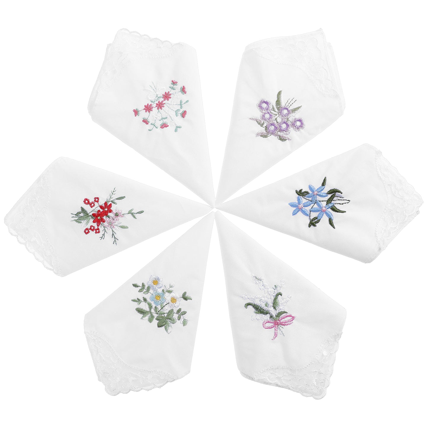 TIESOME Flower Handkerchiefs for Women, 6Pcs Vintage Lace Flower Embroidered Handkerchiefs Soft Cotton Ladies Hankies for Wedding Party
