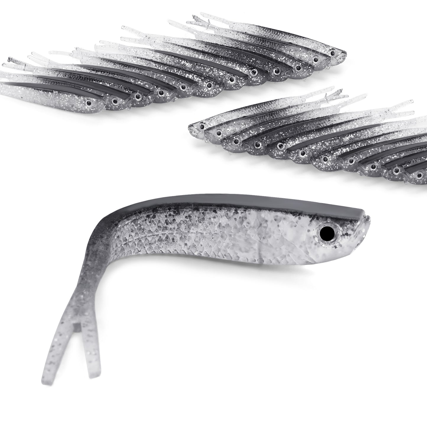 Molain Soft Fishing Lures- Scent attractant Fishing Bait for Bass, Split Tail Minnow Soft Plastic Jerk Lures 3D Lifelike Eyes Paddle Tail Swimbait Swimbaits, Powerbait Crappie Jigs (24Pcs)